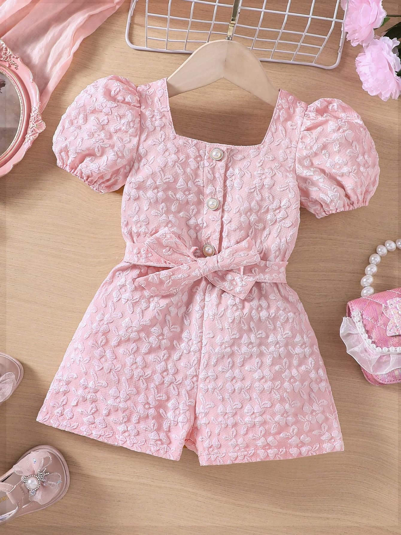 Young Girl Elegant Pink Weaved Texture Romper With Puff Sleeves, Square Neckline, Half Front Opening & Buttons, Waist Belt And Bow Tie, Spring/Summer