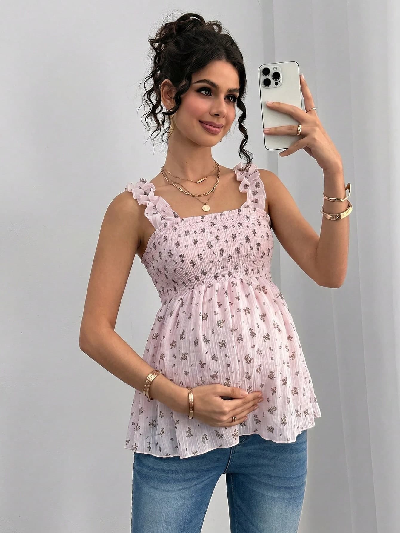 Momance Maternity Sleeveless Frill Trim Wide Strap A-Line Top, Pink Summer Elegant Pregnant Baby Shower Vacations, Holiday Beach For Women