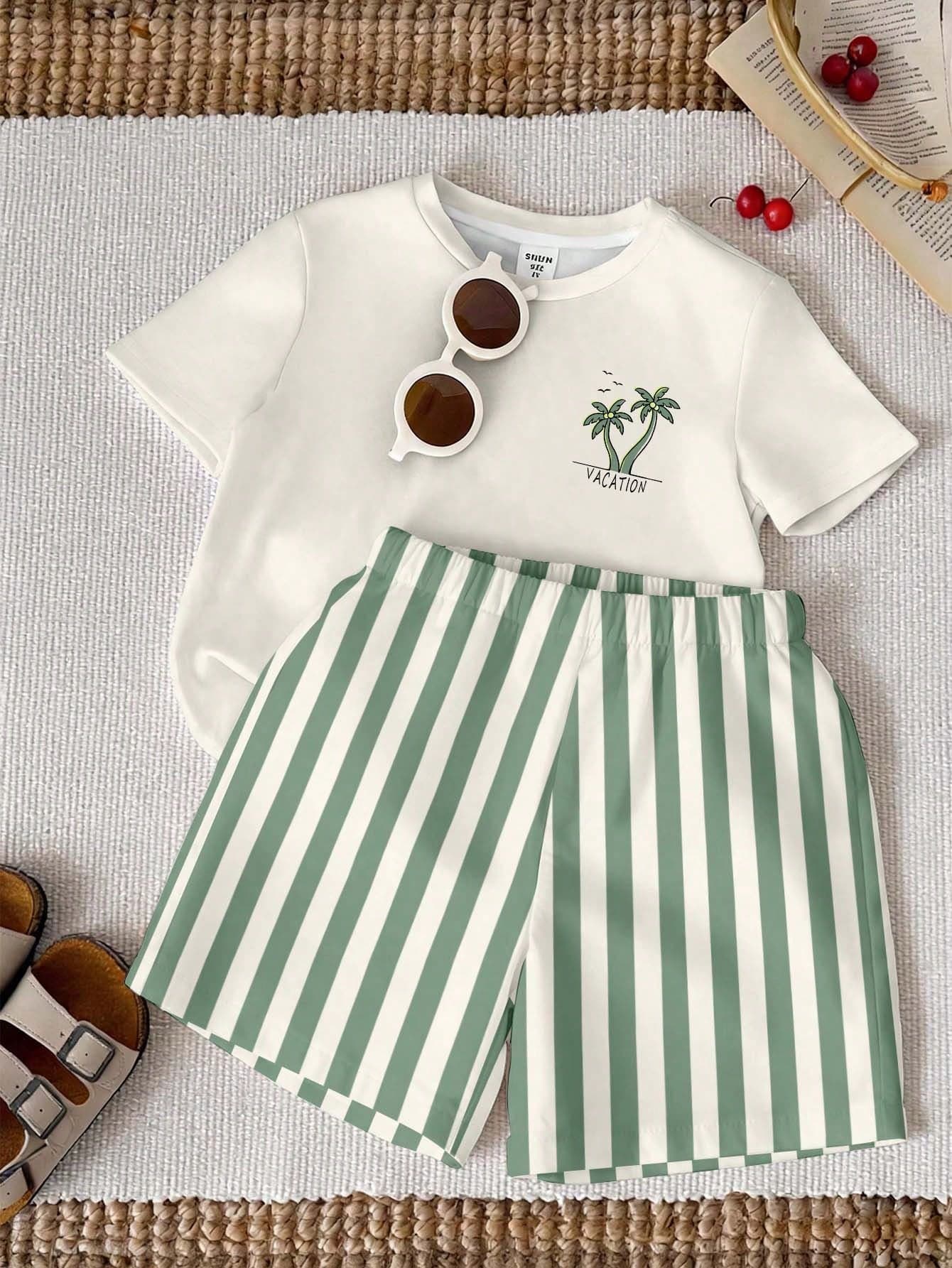 SHEIN Baby Boy Casual Minimalist T-Shirt Set Suitable For Summer, Coconut Tree, Classic Color Block, Swimwear, Vacation Style, Sports Style, Cute Style, Childlike Hand-Drawn, Cartoon Pattern Print T-Shirt Set, Suitable For Spring And Summer, Suitable For Vacation