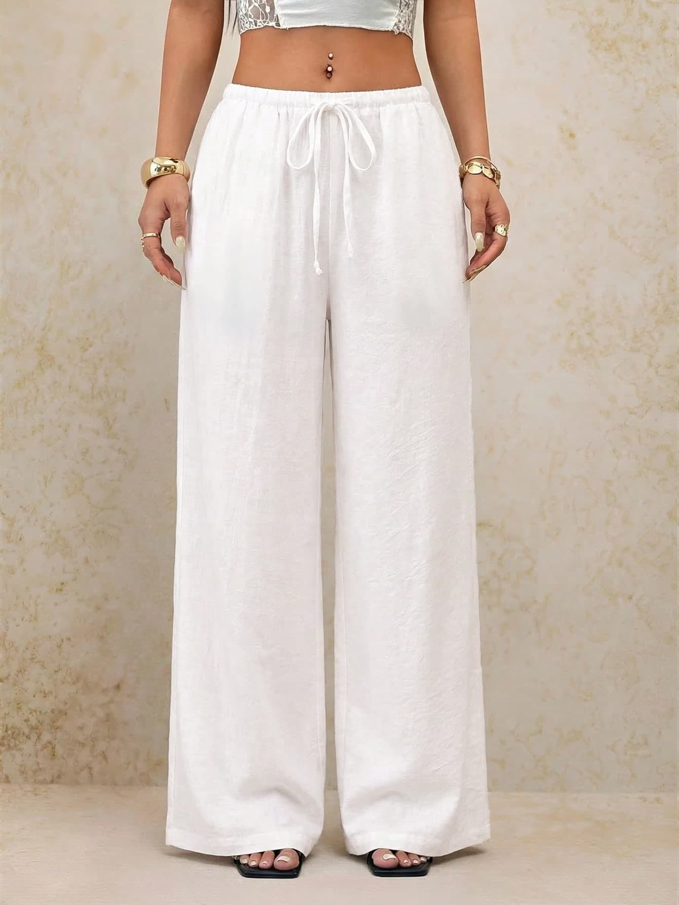 SHEIN PETITE Women White Summer Boho Vacation Holiday Pants,Elegant Casual Wide Leg Straight Leg Baggy Trousers,Spring&Summer Y2k Fashion Streetwear ,Petite Women
