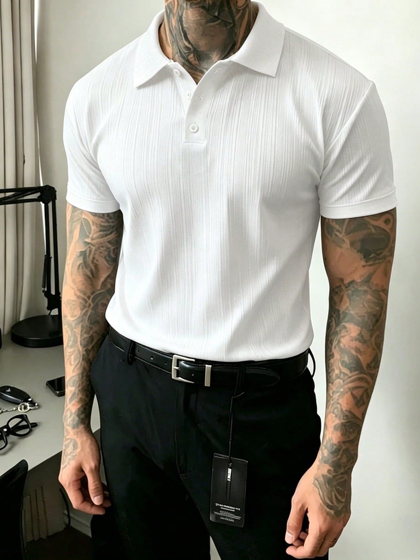 JOLTRO Men's All White Ribbed Polo Shirt, Short Sleeve Button Placket Casual Summer Basic Top, Classic Dress Polo For Office, Work & Everyday Wear, Formal
