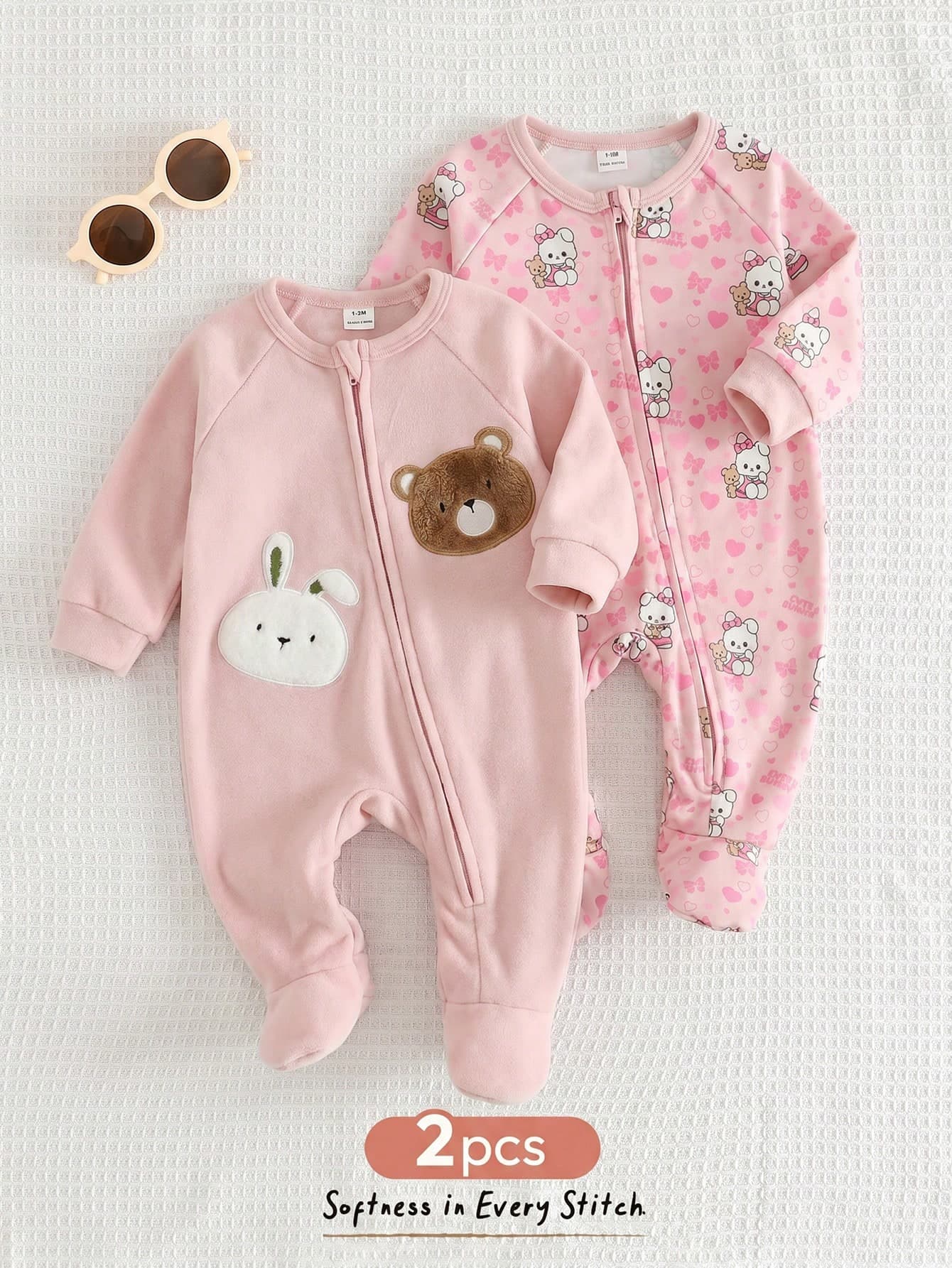 Cozy Pixies 2pcs Newborn Baby Boy/Girl Light Pink Romper,Cute Cartoon Animal Print Soft Knit Long Sleeve Jumpsuit,Autumn Daily Wear,Family Matching,Christmas