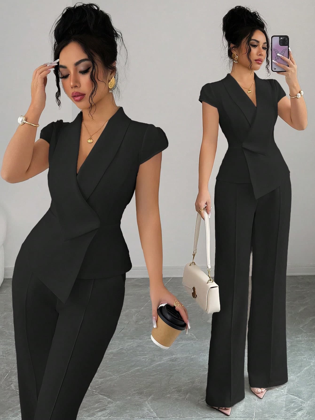 Elenzga Women's Black Elegant Summer Office 2-Piece Set,Asymmetrical Crossed Collar Flutter Sleeves Waist Cinching A-Line Blouse & Elastic Waist Pants,Commute