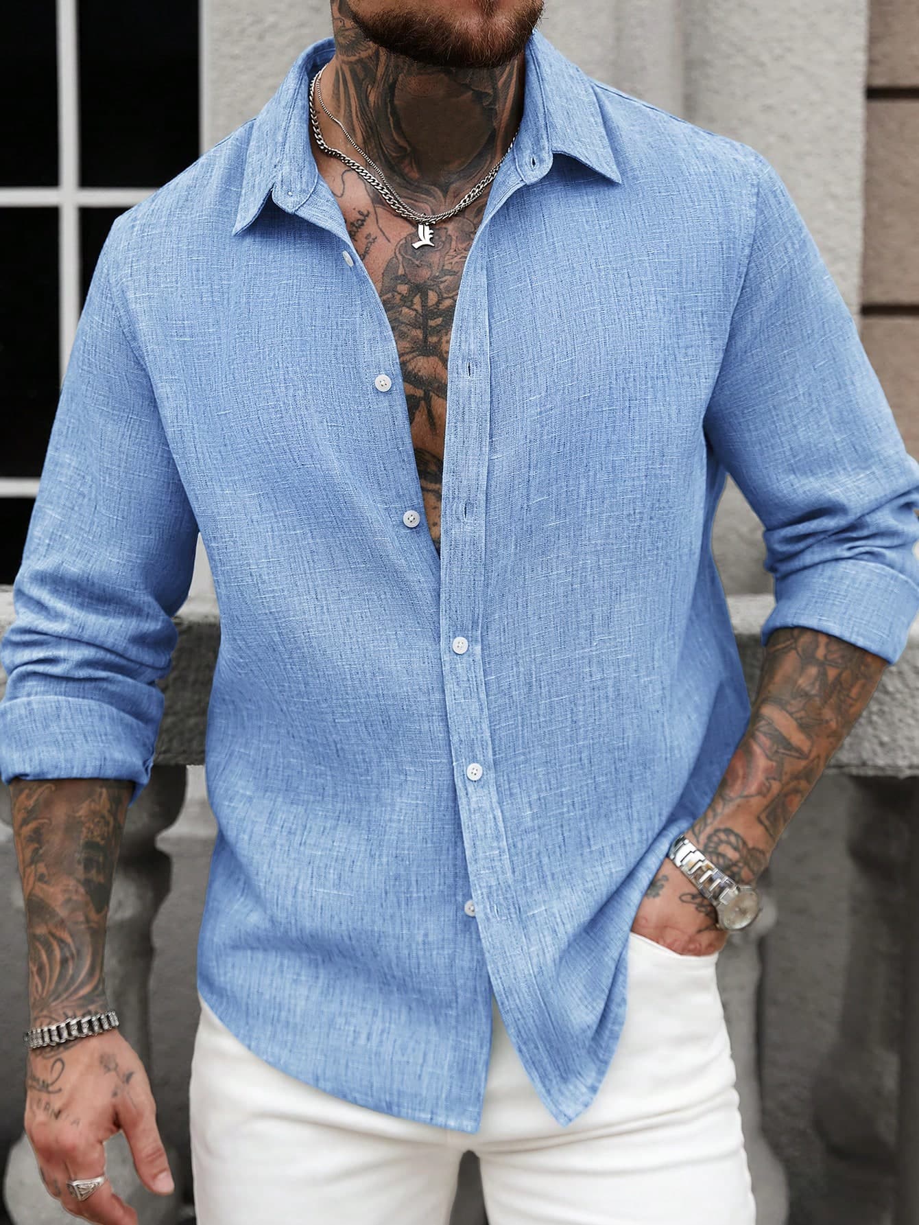 Manfinity CasualCool Men's Solid Light Blue Long Sleeve Shirt,Summer Casual Textured Breathable Button-Down,Boho Beach Vacation Ceremony Shirts