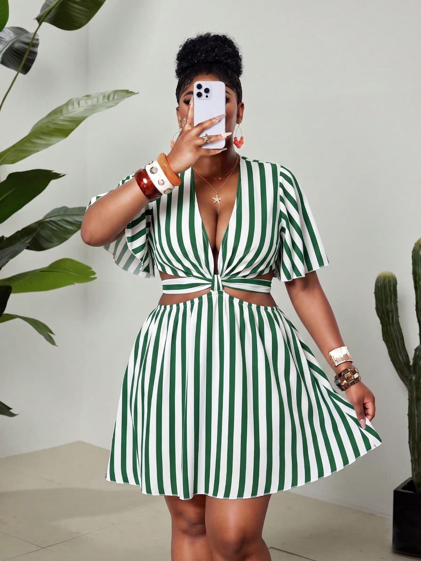 Maweii Plus Size Striped Print Deep V-Neck Hollow Out Short Sleeve Dress