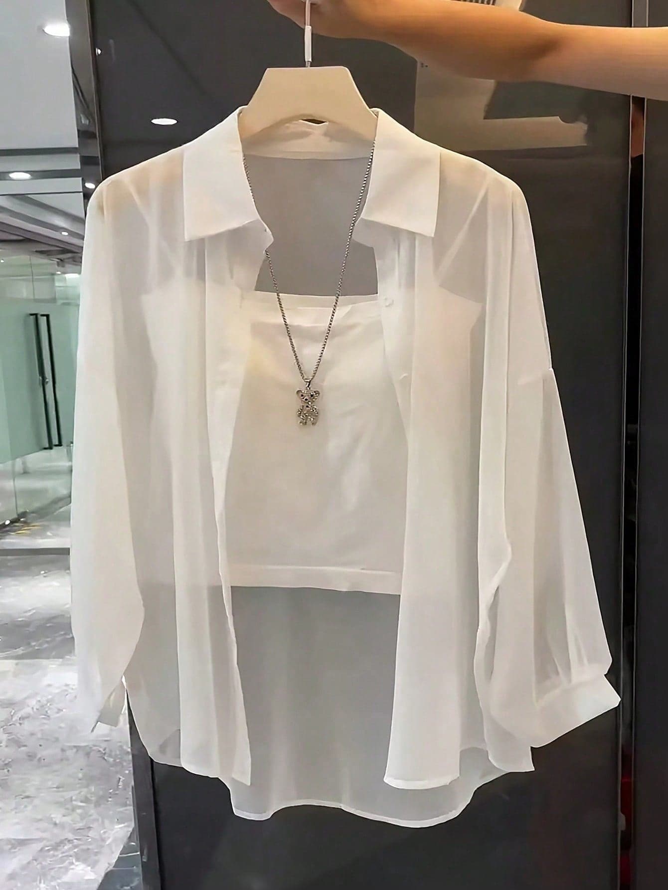 Suri Mira Basic Transparent Plain Simple Collared Shirt,Long Sleeve Tops Fall Cloth For Women