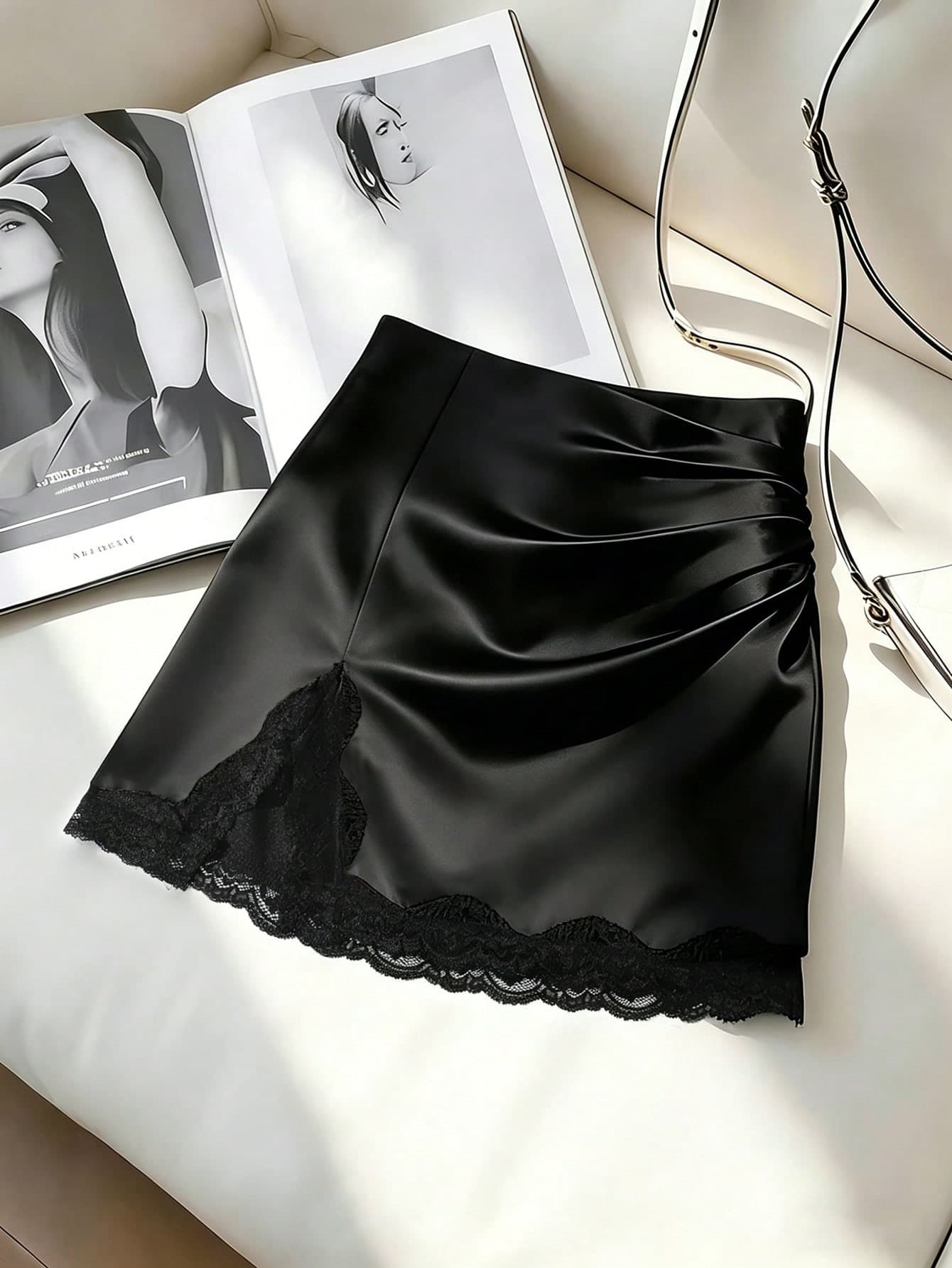 Qadelle New Arrival Spring/Summer Casual Elegant Vacation Beach Party Sexy Slit Lace Patchwork Black Skirt For Women