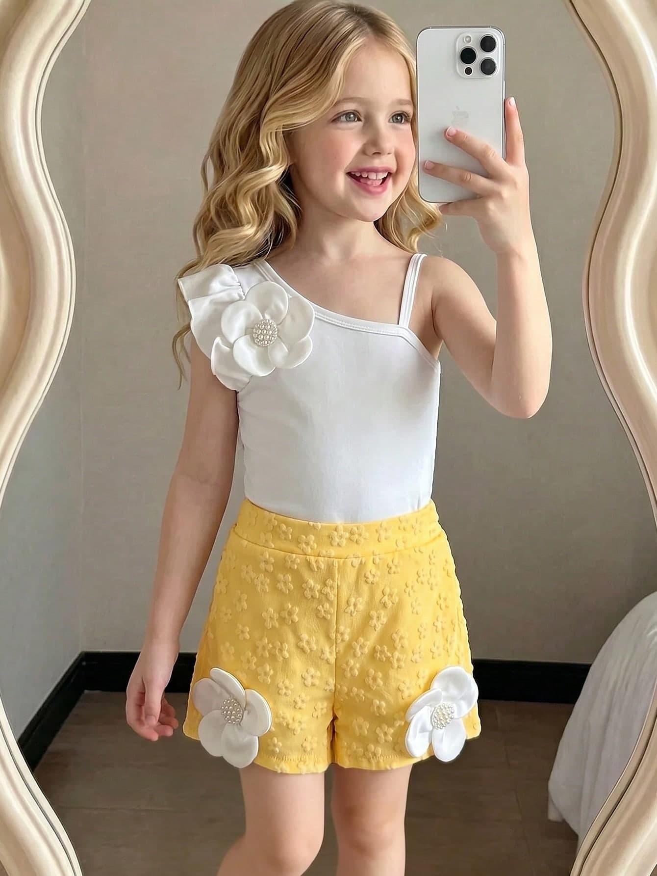SHEIN 2pcs Young Girls Summer Elegant Co-Ords, White Asymmetrical Neck Ribbed Top With 3D Flower & Pearl, Yellow Elastic Waist Embossed Floral Texture Shorts