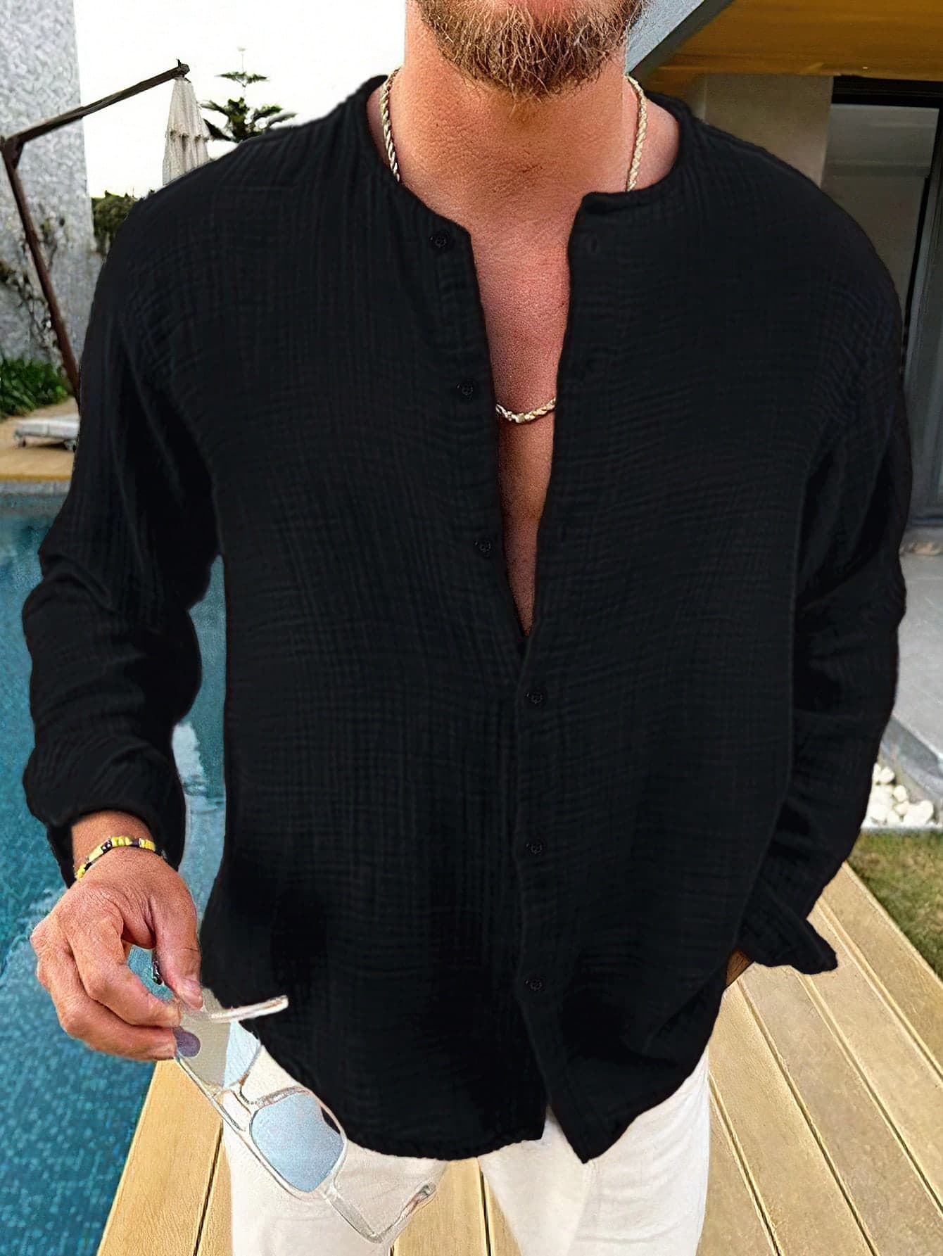 Manfinity RSRT Men Solid Button Up Shirt Slim Fit Long Sleeve Plain Black Boho Shirt For Husband, Fall, Holiday