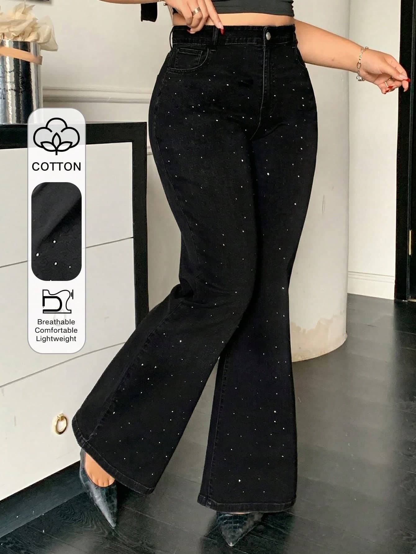 Dazy Plus Plus Size Women Washed Black Distressed Elastic Fitted Sequin Decor Flare Leg Jeans
