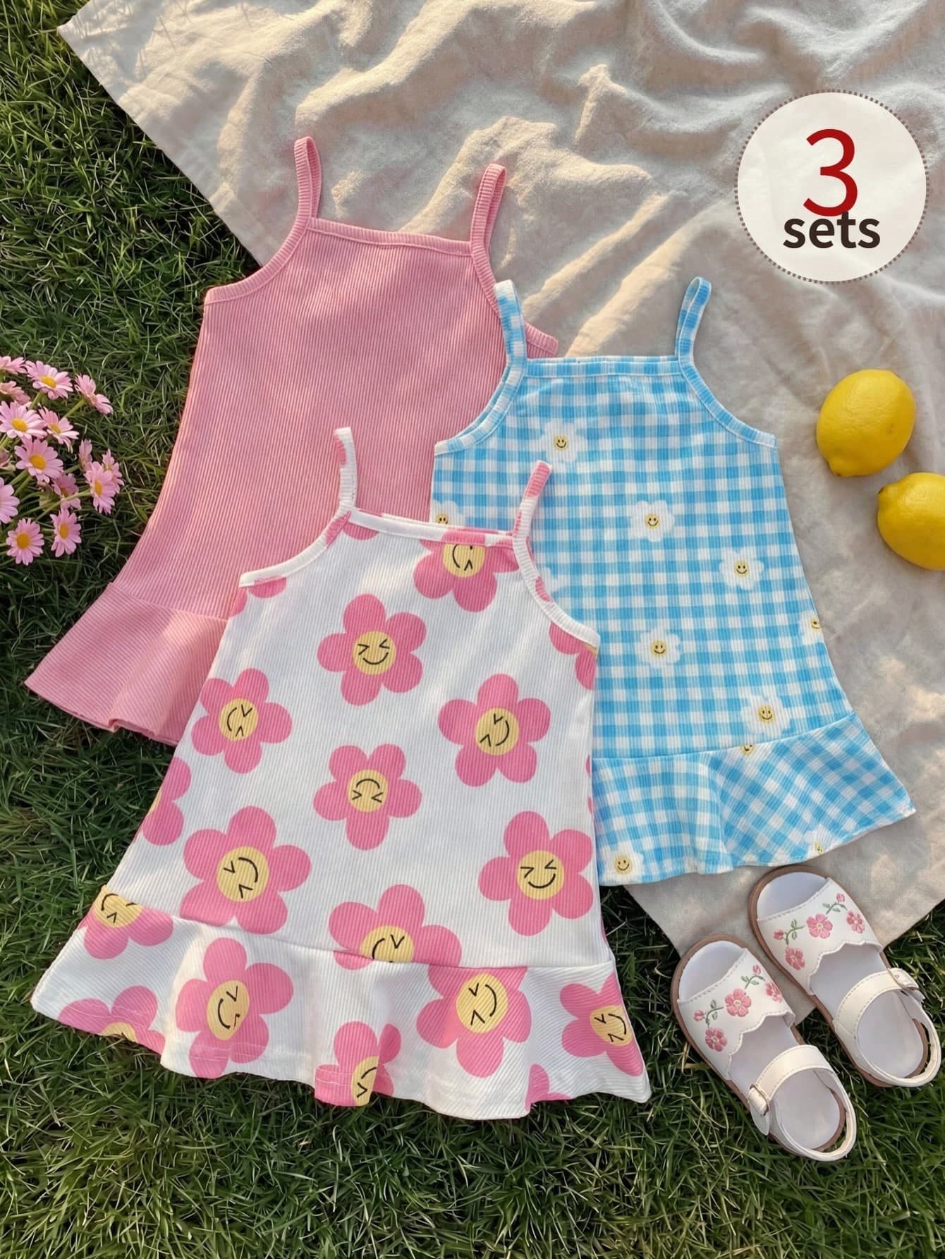 SHEIN Playful Pals 3pcs Baby Girls Pink Floral,Summer,Cute,Picnic Sleeveless Cami Dress Set,Blue Plaid & Sunflower Ditsy Floral Ruffled Hem Soft Knit Casual Outfit