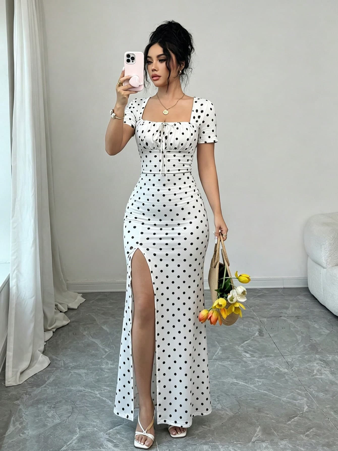 Rafferiza Women's Summer Short Sleeve Dress, Digital Printed Vacation Dress, Beach Holiday Dress With Slit Hem, Waist Ruched Long Dress
