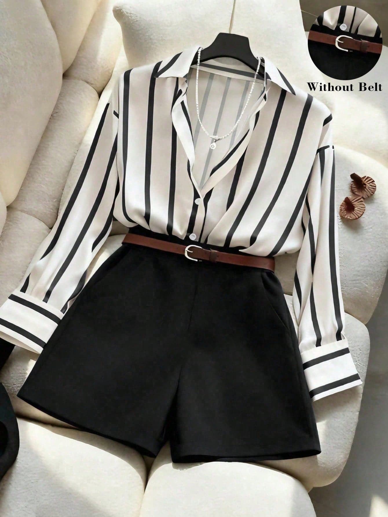 Franclia Women's Loose Flowy Striped Shirt & High Waist Navy Shorts Set, Minimalist Stylish Outfit For Spring/Summer