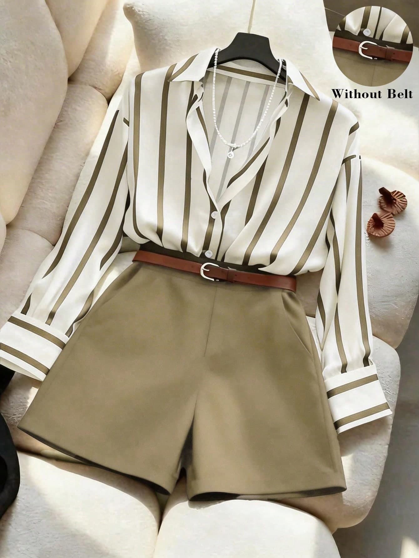 Franclia Women's Loose Draping Striped Shirt & High Waist Navy Shorts Set, Minimalist Stylish Outfit For Spring/Summer