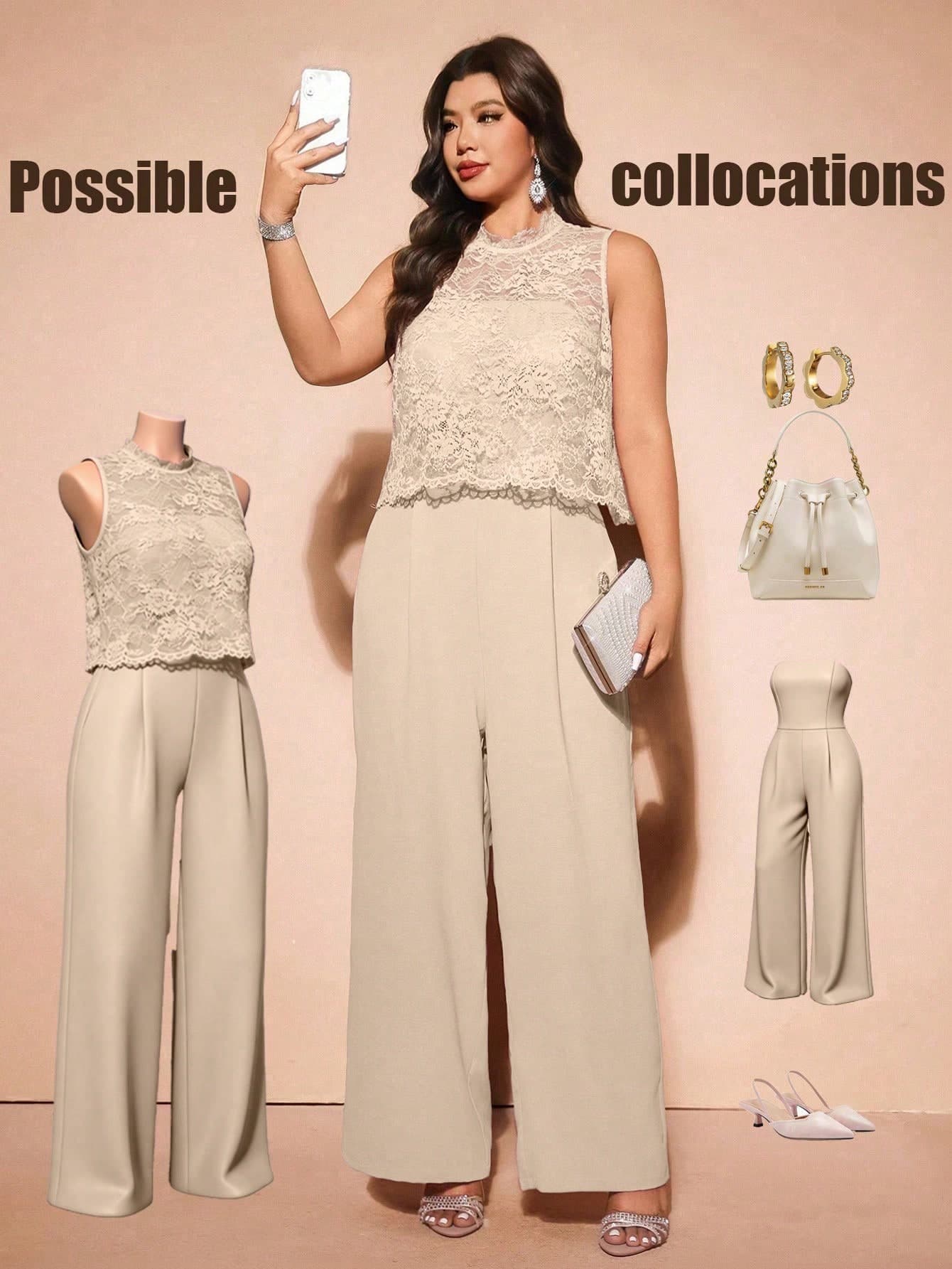 Cravure Elegant Lace Faux Leather Camisole Jumpsuit With Invisible Shoulder Straps, Ruffle Trim, Plus Size 2-Piece Set Formal Party Beige Summer