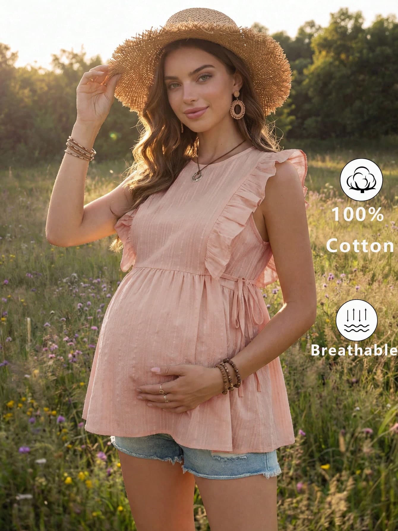 Boho Mama Maternity Ruffled Tie-Up Casual Shirt, Versatile For Vacation