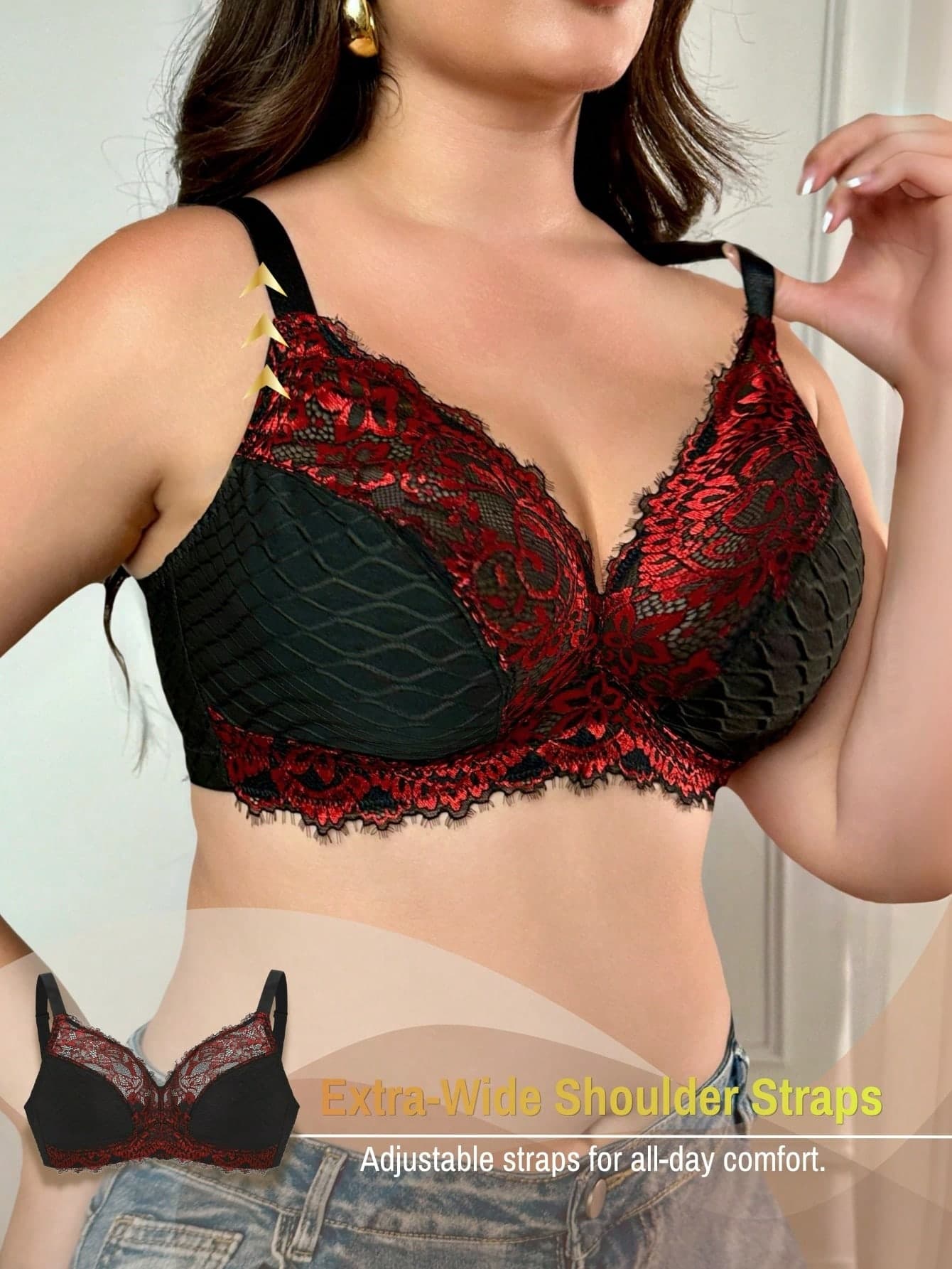 Plus Size Women's Wireless Bra, Multicolor Wavy Jacquard, Eyelash Lace Patchwork, Soft & Comfortable, Wide Adjustable Straps, Single Pack