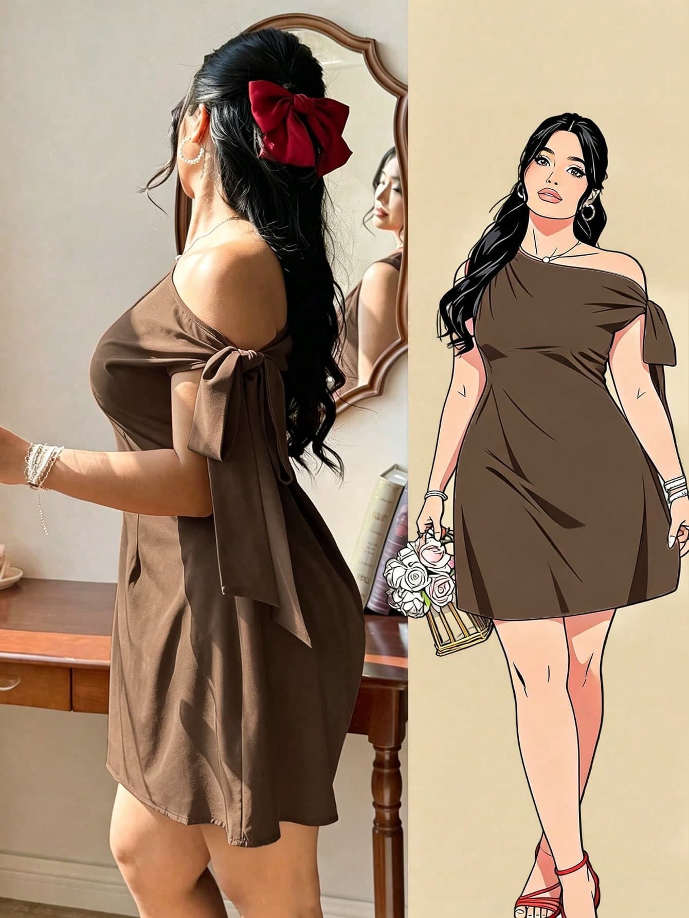 FleurLily Plus Size Women's Elegant Asymmetric Neck Tie-Waist Dress