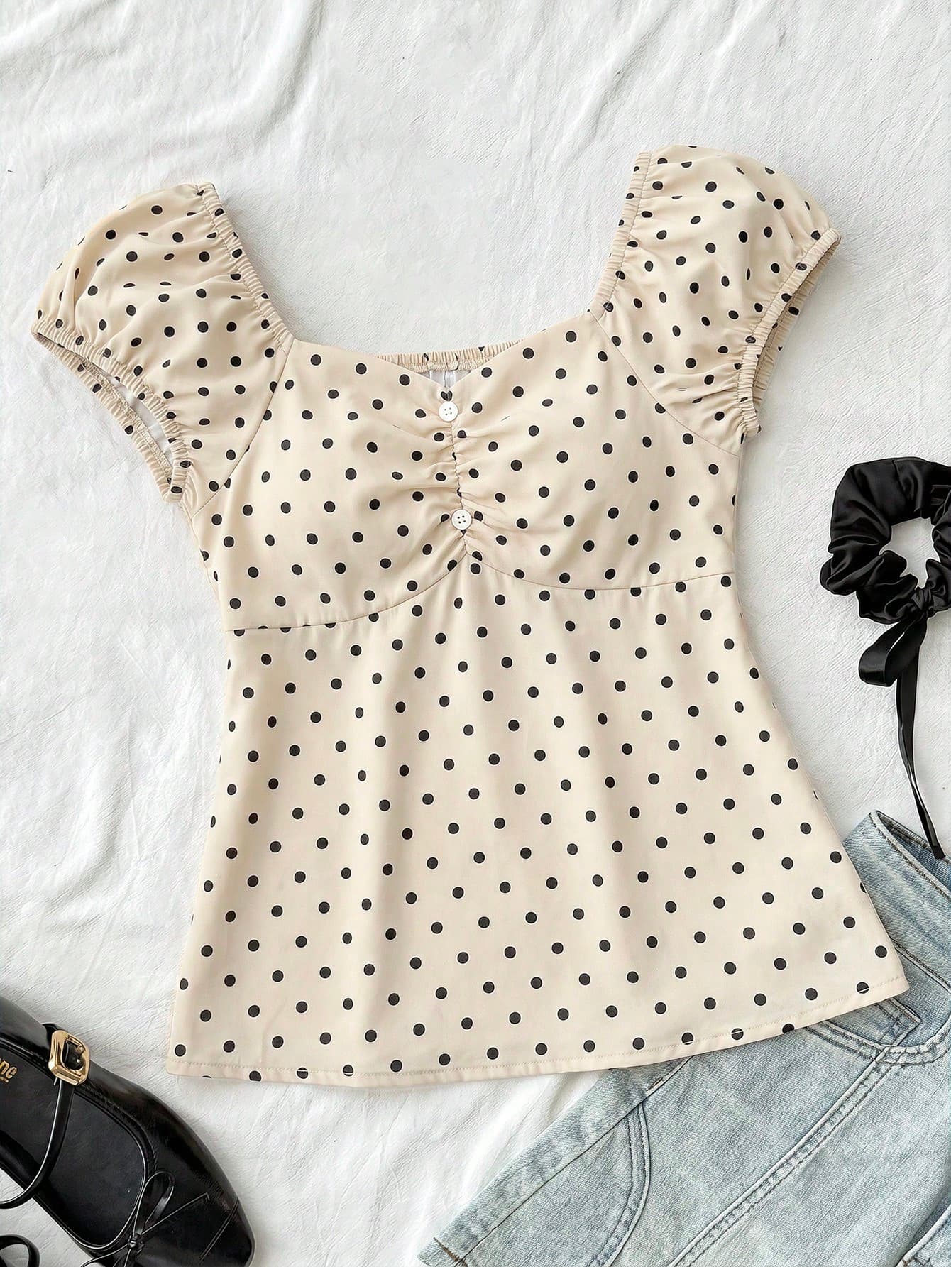 SHEIN Tween Girls' Casual Comfortable Polka Dot Backpack Shirt For Everyday Wear