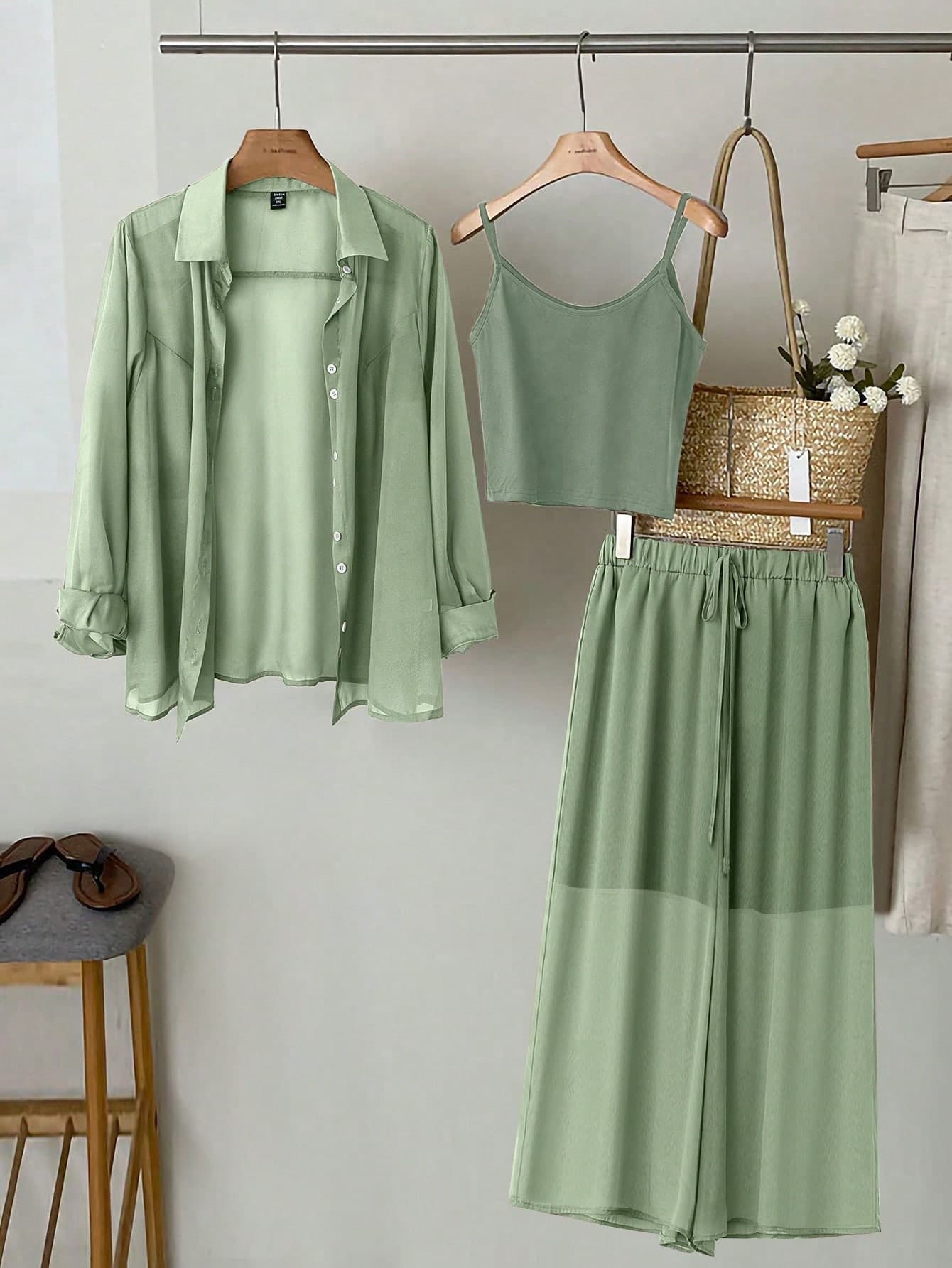 SHEIN LUNE Plus Size Elegant Casual Semi-Sheer Regular Pants, Suspender Jumpsuit, Solid Color Vacation Beach Outfit Set Fall