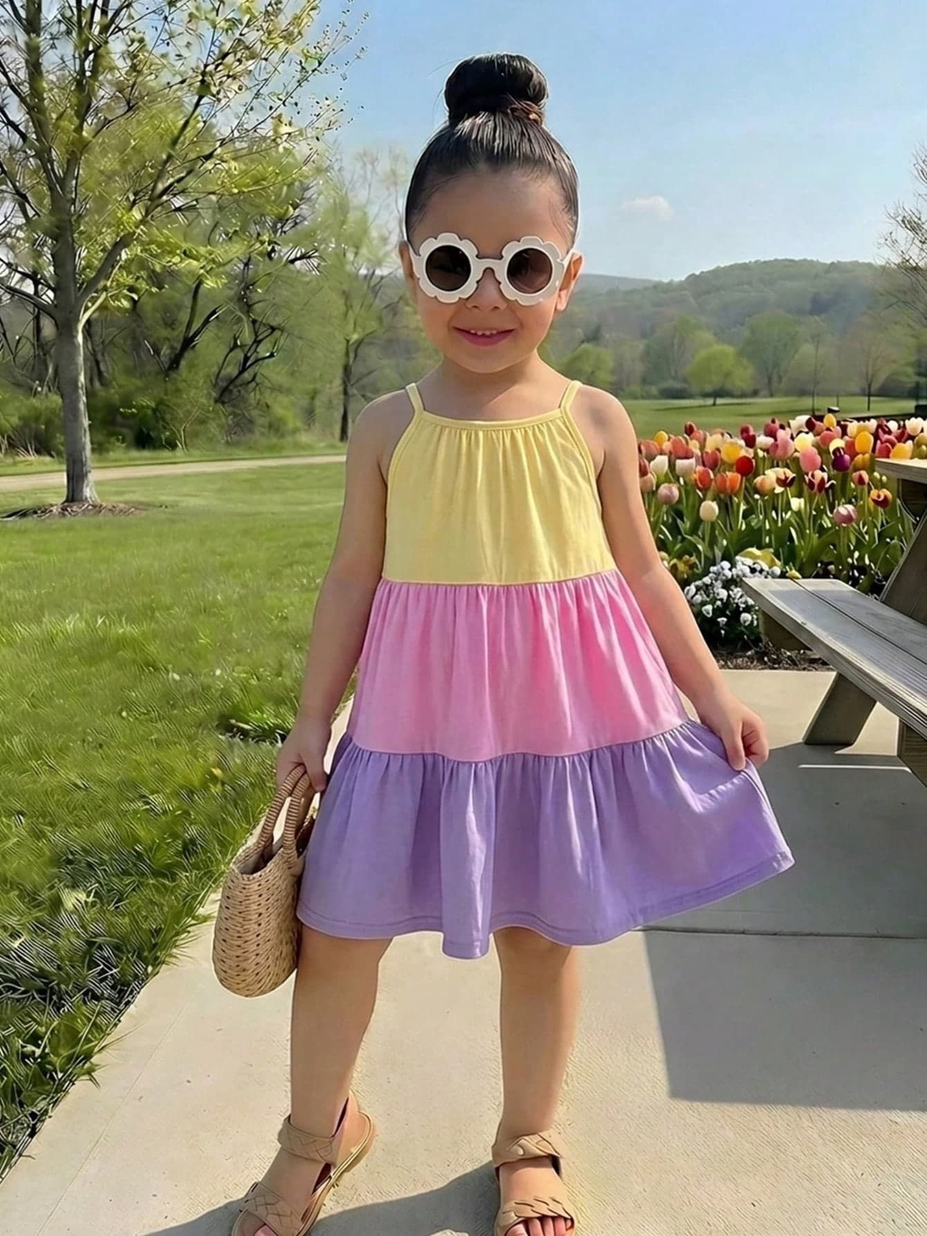 Young Girl Vacation Casual Street Chic Halter A-Line Color Block Splice Dress, Suitable For Vacation, Beach, Seaside