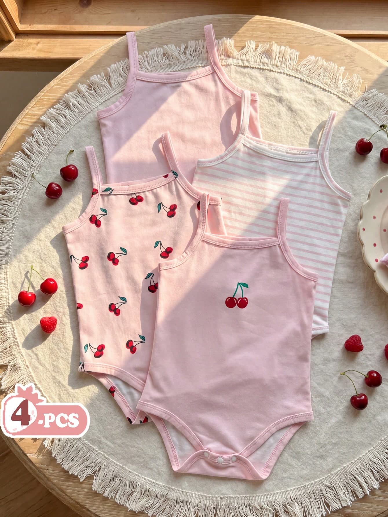 Vintaside Kids 4pcs Baby Girls Ditsy Floral Bodysuit Suits, Fashionable Cute Countryside Style Bodysuit, Spring/Summer