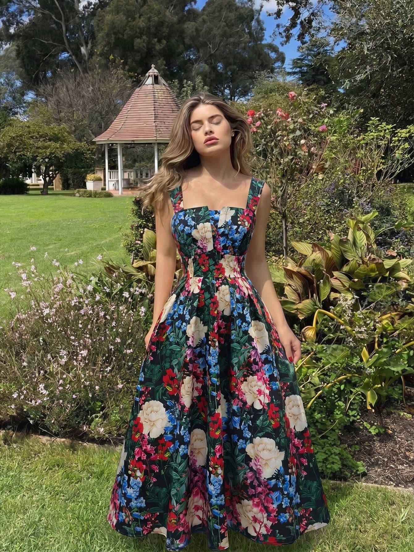 SHEIN MOD Plus Size Women Floral Print Waist Cinched Elegant Casual Dress, Vacation Formal Wedding Guest Black Summer