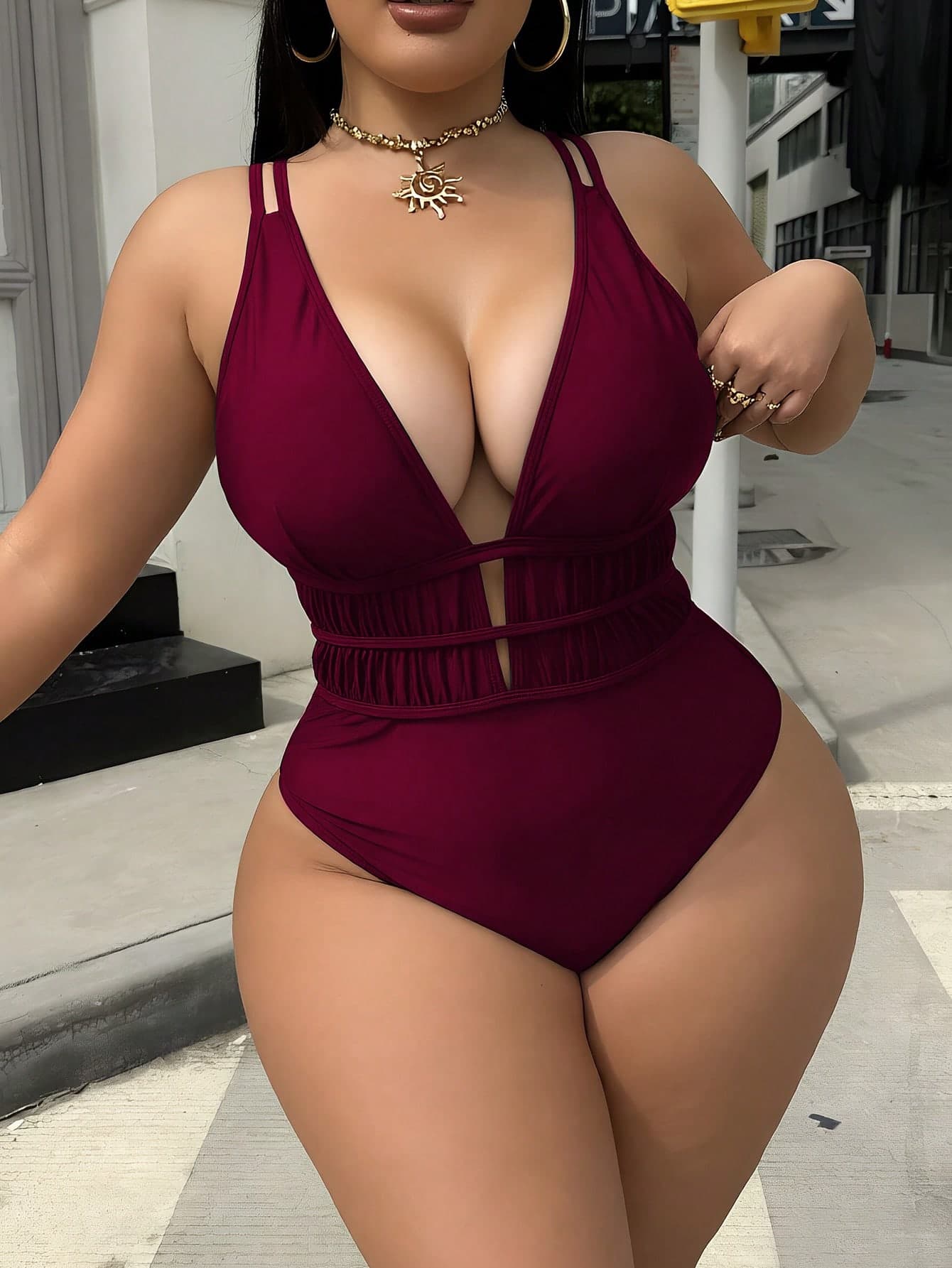 Swim SXY Plus Size Women's Leopard Print Deep V-Neck Sexy Beach Vacation One-Piece Swimsuit Summer