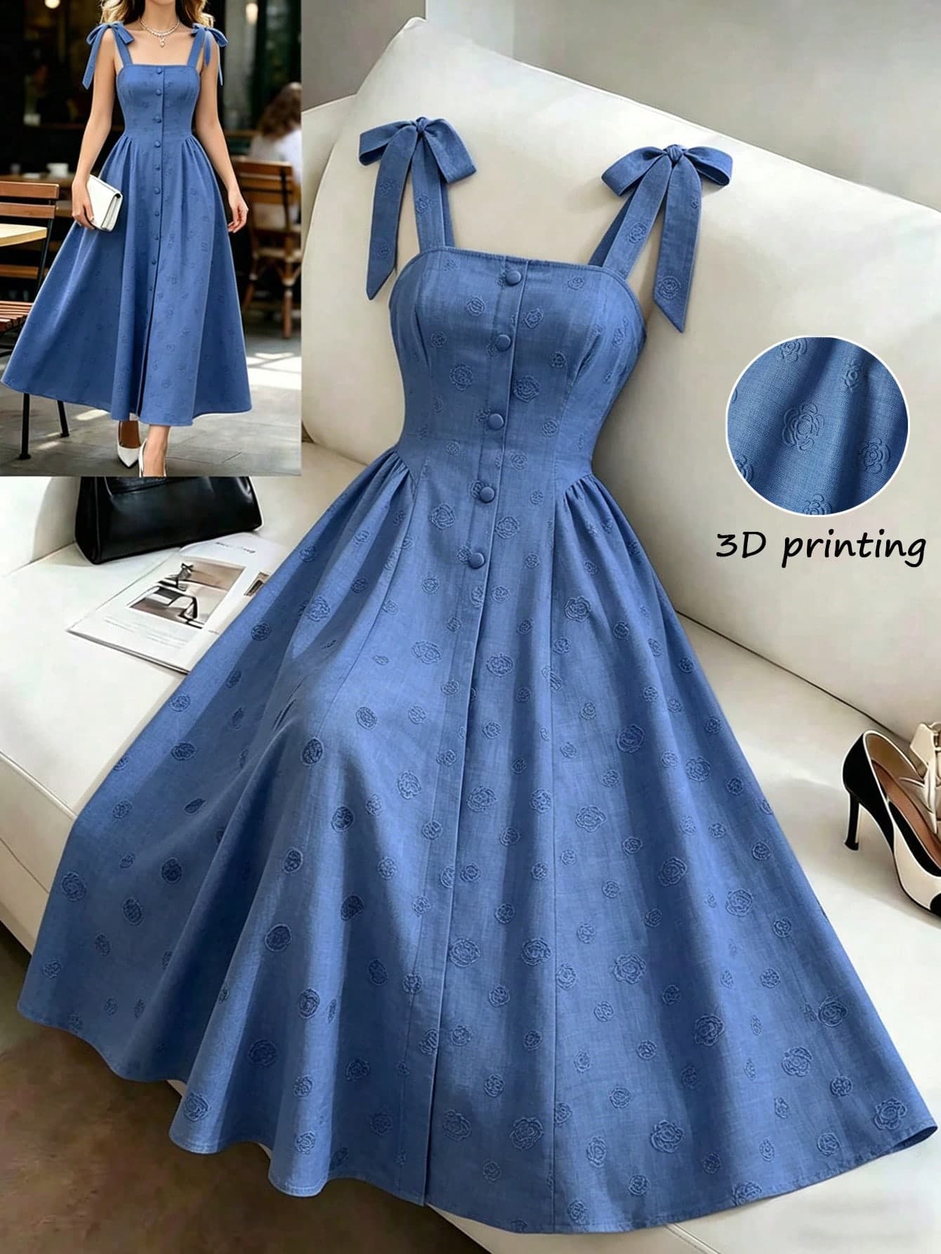 Elenzga Floral Dress For Women Wide Strap Pleated Dress For Women, Sweet Style With 3D Stereoscopic Floral Accents & Floral Print