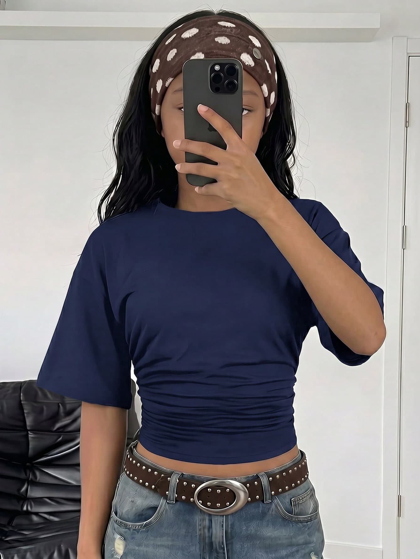 SHEIN Tween Girls Fashionable Elegant Navy Blue Summer Casual School Waist Ruched T-Shirt,Solid Color Versatile Top For Daily Beach Vacation Home Wear