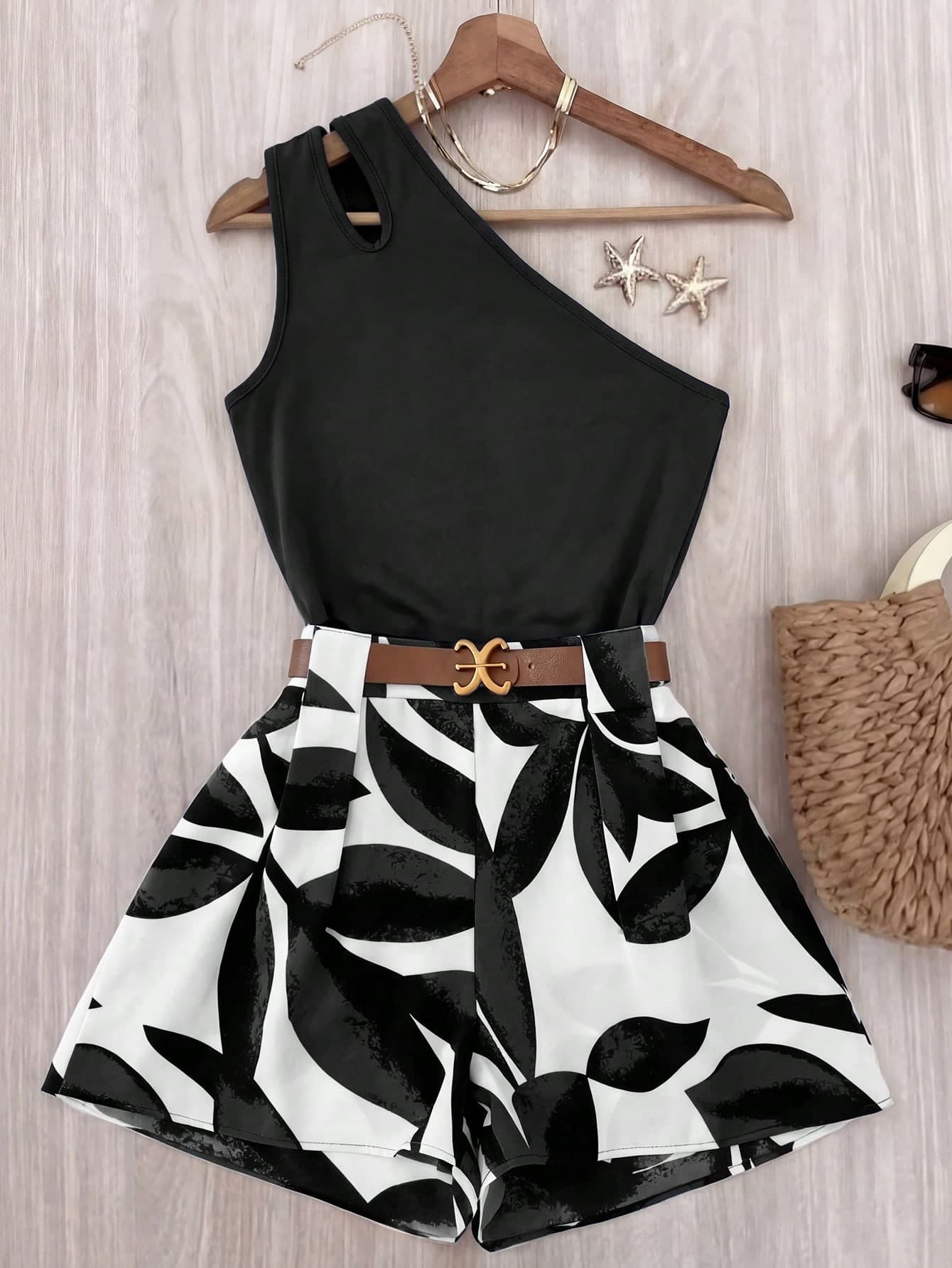 Franclia Women Black Floral Summer Casual Holiday Vacation Holiday 2-Piece Set,Asymmetric Shoulder Leaf Print Ruched Hollow-Out Sleeveless Shorts 2-Piece Set