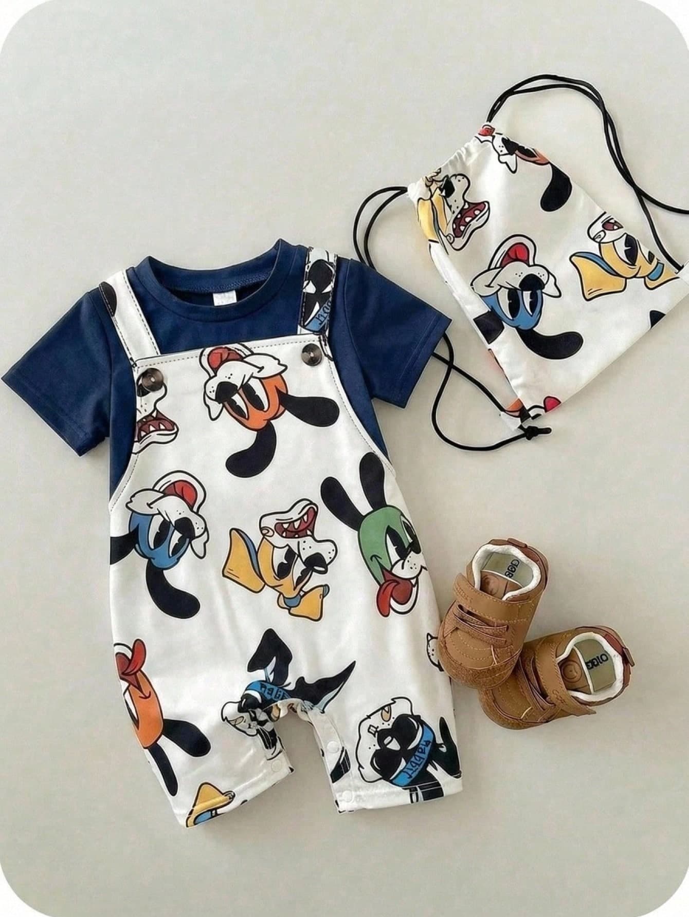 SHEIN Baby Boy White Summer Casual Cute Family Matching Cartoon Animal Print Short Sleeve Romper,Colorblock Comfortable Romper For Daily Wear,Party,Photo