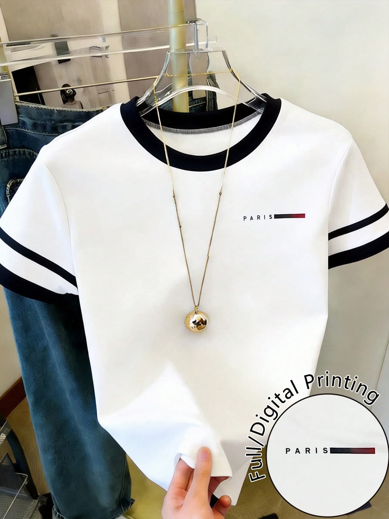 Resyla Women's Letter & Stripe Print Casual Round Neck Short Sleeve T-Shirt