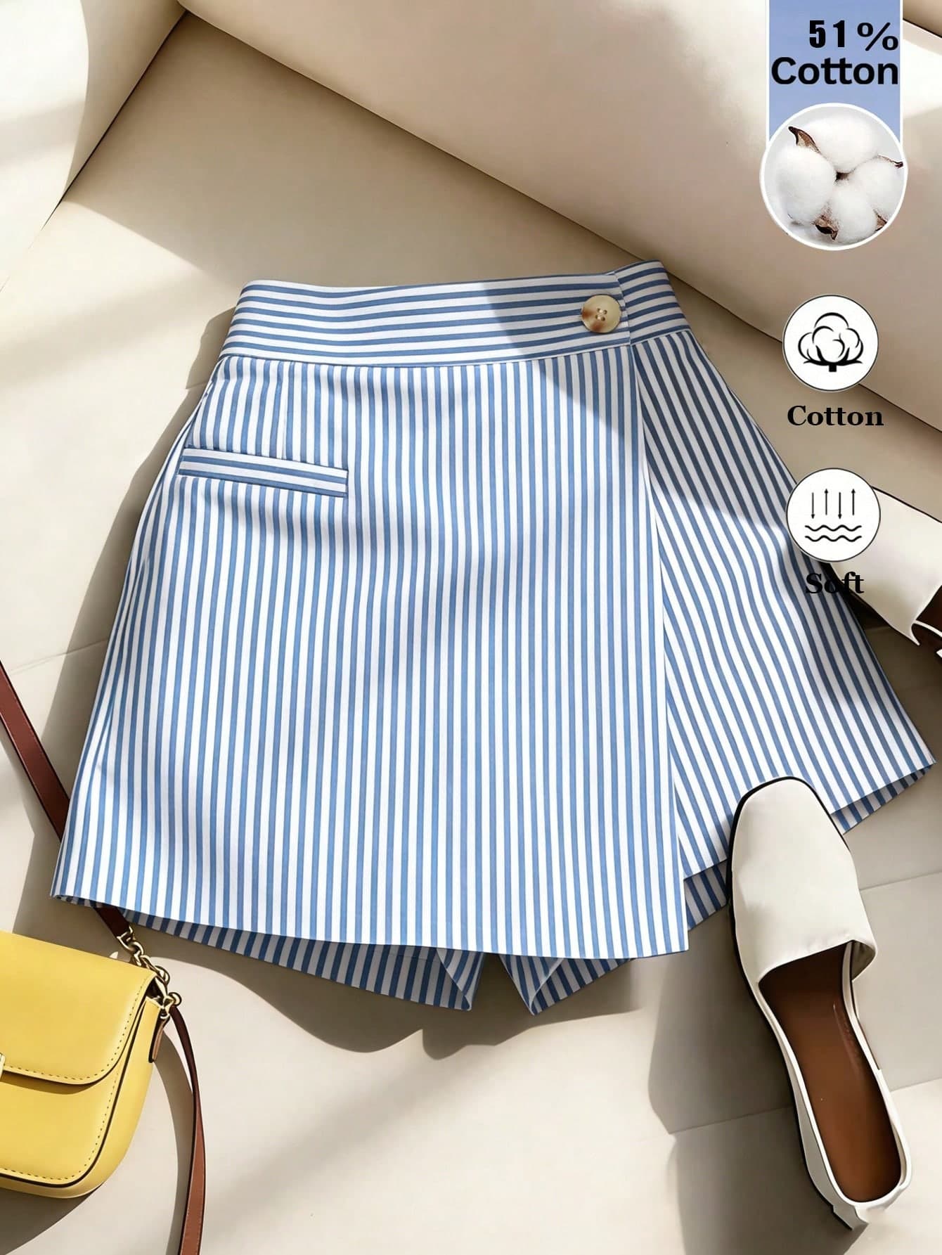 SHEIN Franclia Women's Blue And White Stripe Asymmetric Hem Skort,Chic Summer Brunch Outfits,High-Waisted Cotton-Blend A-Line Shorts Skirt