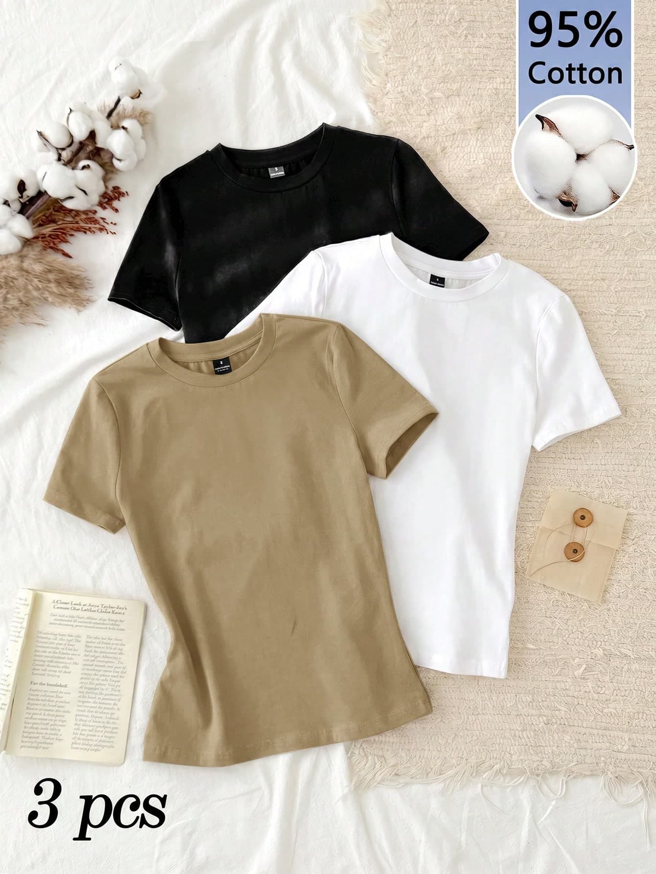 Tseoso 3pcs Set Women Casual Minimalist 95 Cotton Round Neck Fitted Short Sleeve T-Shirt, Autumn Tops Home Black White Khaki
