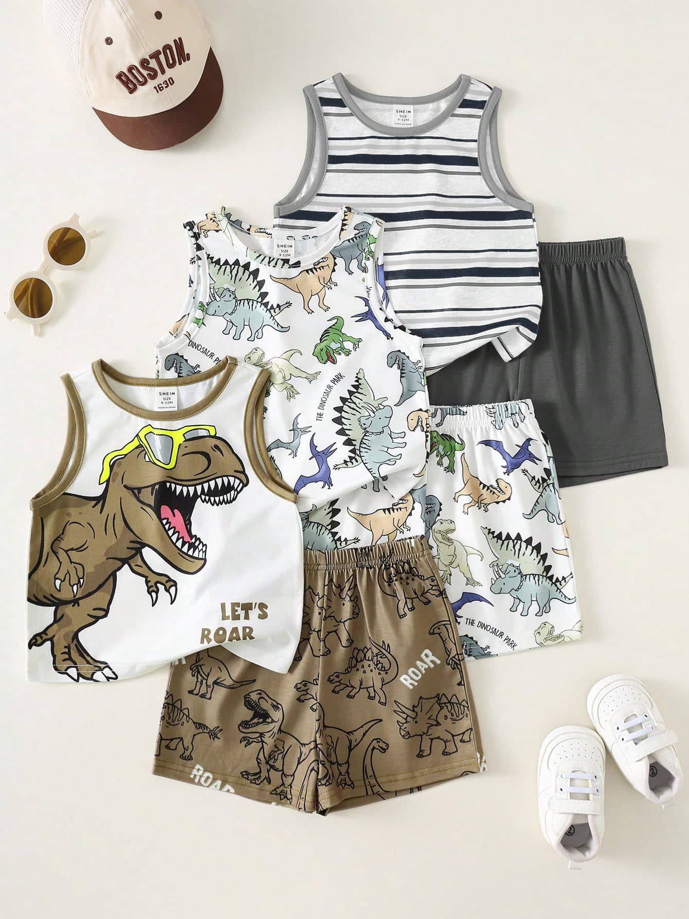 SHEIN 3pcs Baby Boy Cute White Dinosaur Pattern Striped Vest,Summer Casual Vacation Street Style American Retro Loose Comfortable Multi-Pack Fashion Tank