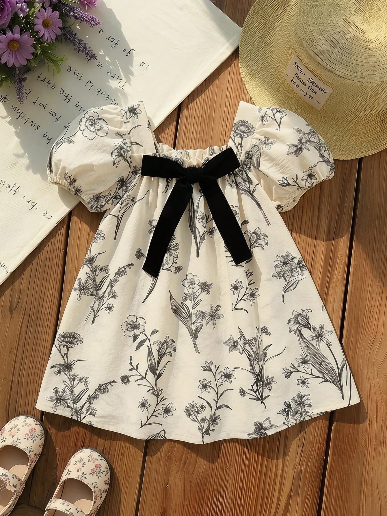 SHEIN LMoss Kids Baby Girl Woven Ditsy Floral Square Neck Puff Sleeve Casual Dress