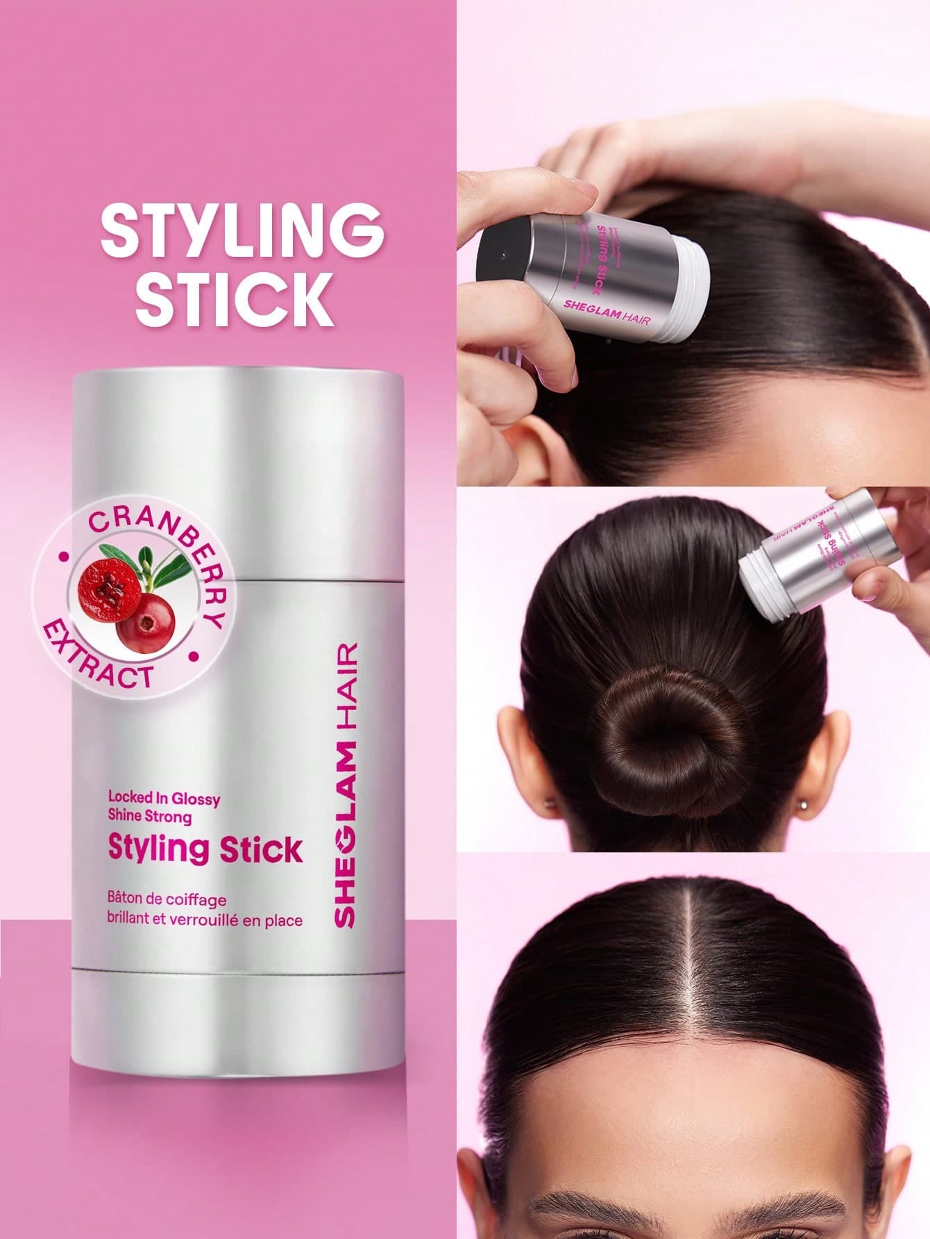SHEGLAM HAIR Locked in Glossy Shine Strong Styling Stick-30g,Hair Smooth Wax Stick,Flyaway Hair Control,Elegant Sticks,Long-Lasting Hold,Sleek Look In 1-Swipe,Non-Sticky & Non-Greasy,Flake-Free & Zero White Cast,Cranberry Scent Made For All Hair Types|Straigh,Wavy,Curly,Coily Gift Pink Makeup Beach Festivals Hair Care Y2K Vacation Summer Hair Accerssories Back To School Home