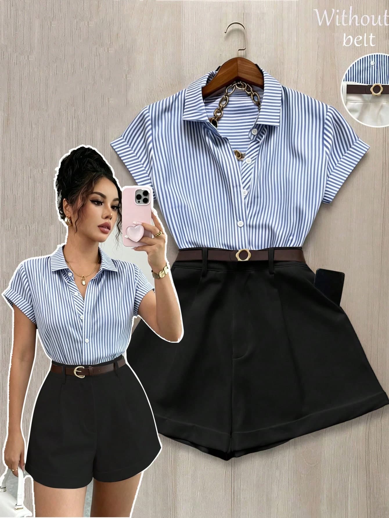 SHEIN Raffinéa Contrast Color Block Striped Lapel Waist Pleated Women 2 Pieces Set With Short Sleeves