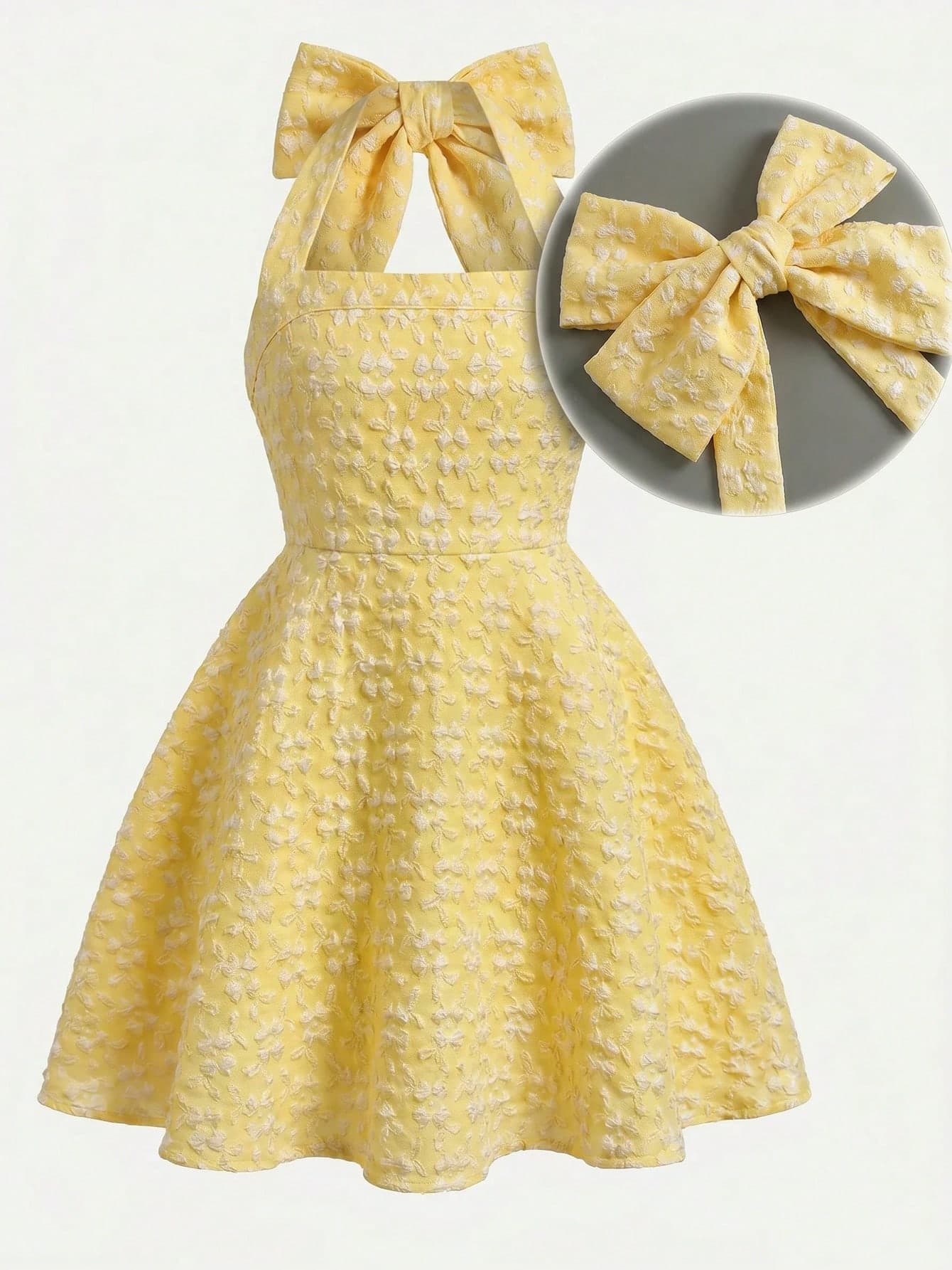 SHEIN Pitira Tween Girls Yellow Jacquard Halter Bow Elegant Cute Dress Birthday Summer For Kids