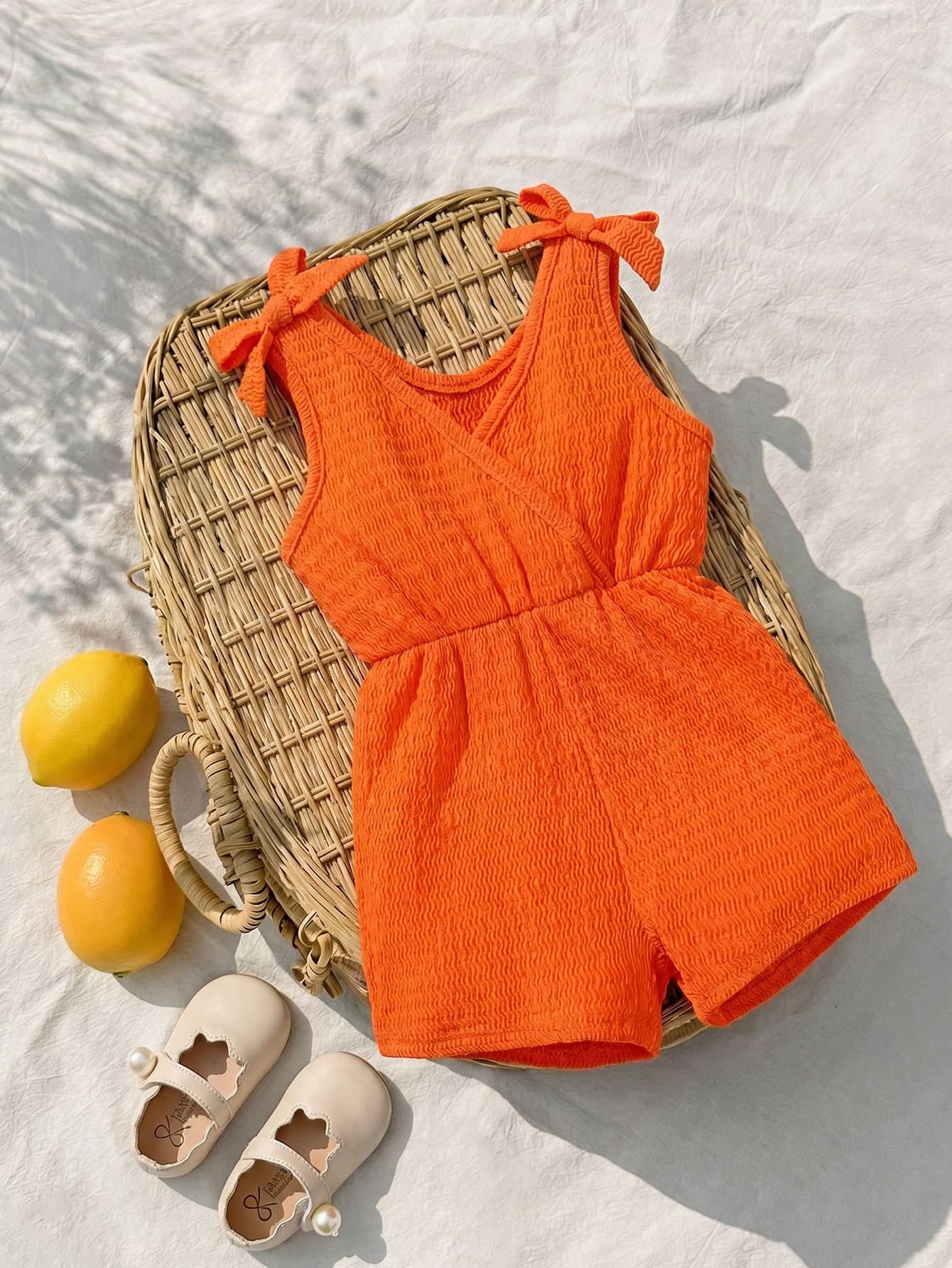 SHEIN Playful Pals Baby Girl Textured Shoulder Knot Romper