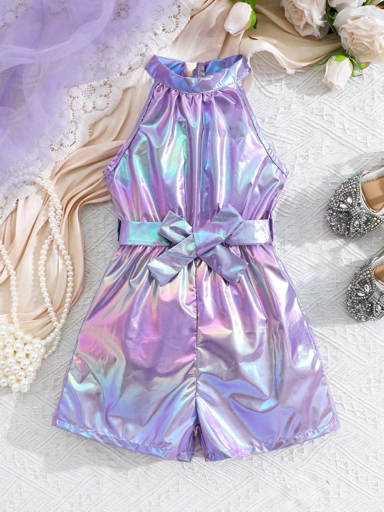SHEIN Young Girl Casual Colorful Laser-Reflective Halter Romper