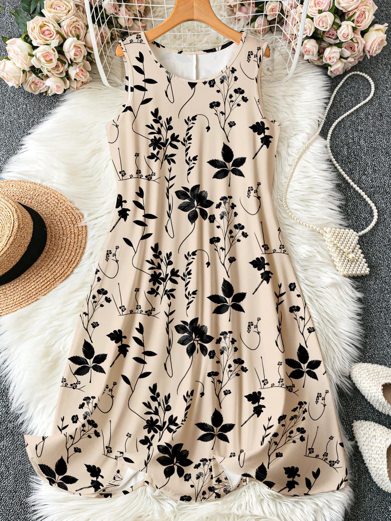 EMERY ROSE Plus Size Women Plant Print Round Neck Sleeveless Loose Casual Dress