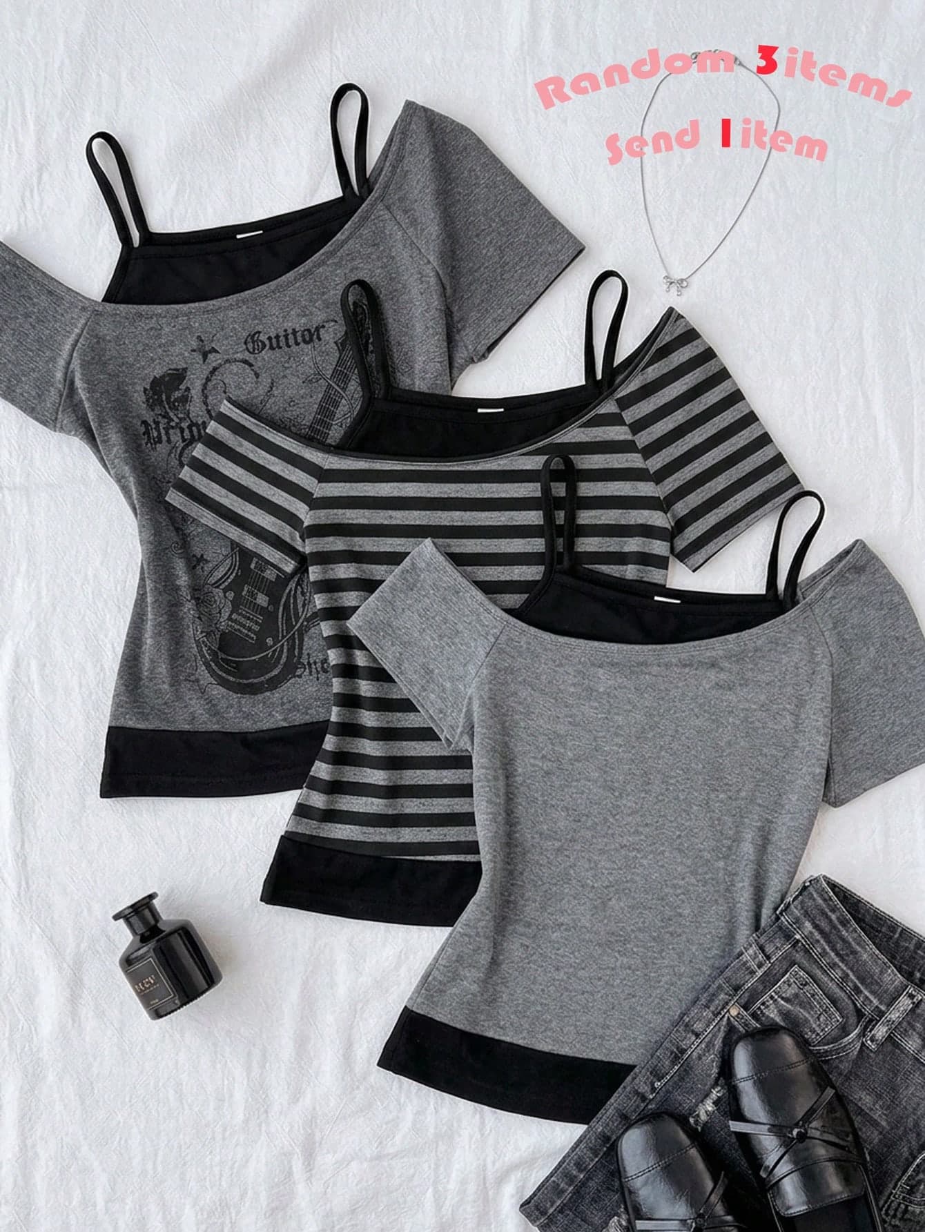 Random 3items,Send 1item Teen Girls Y2K Casual Minimalist Black & White Polka Dot Print Ruched Tie Front Cropped Top