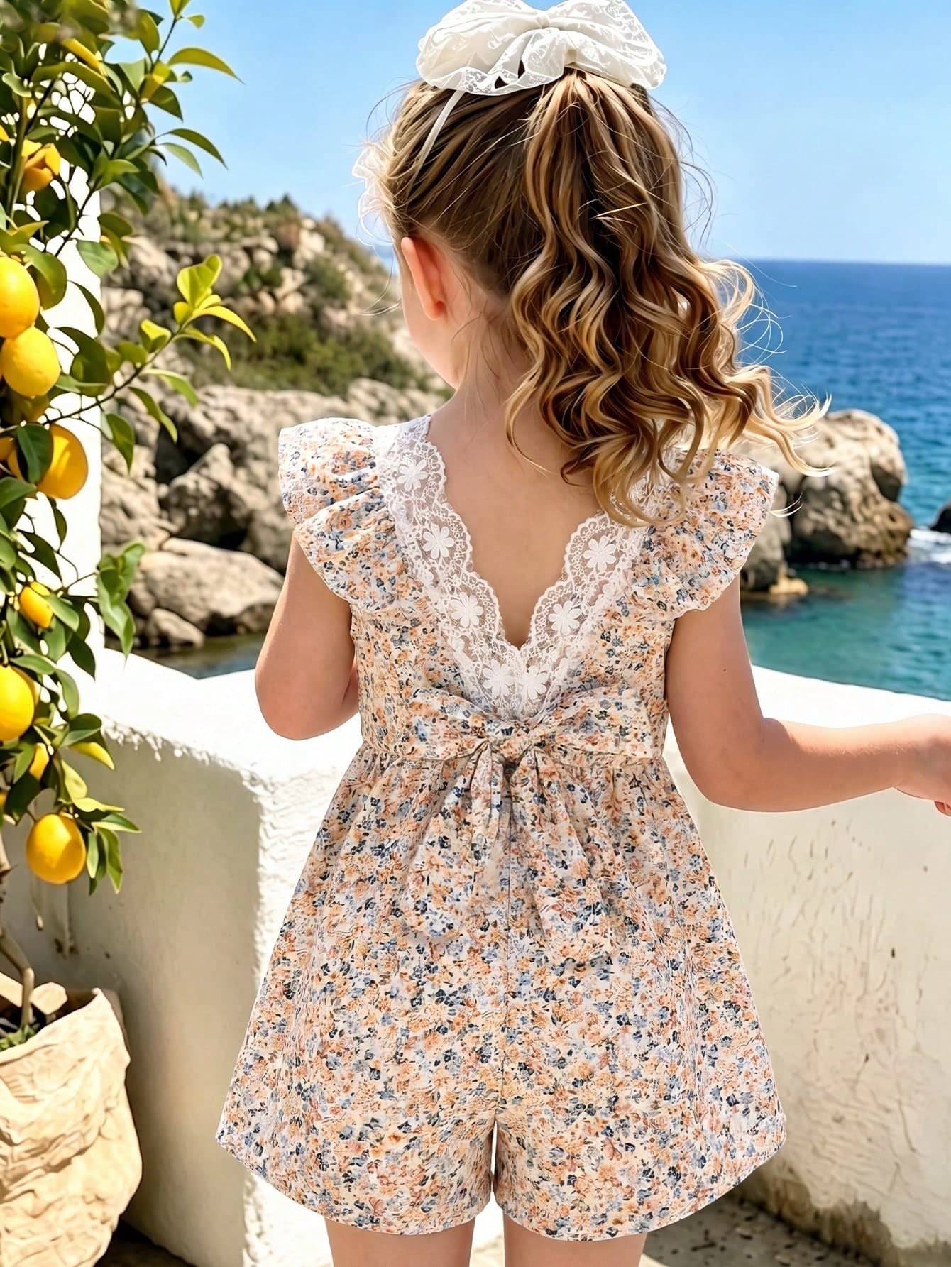 SHEIN Elladie kids Young Girls Summer New Ditsy Floral Ruffle V-Neck Tie Waist Open Back A-Line Dress, Countryside Style Fashion