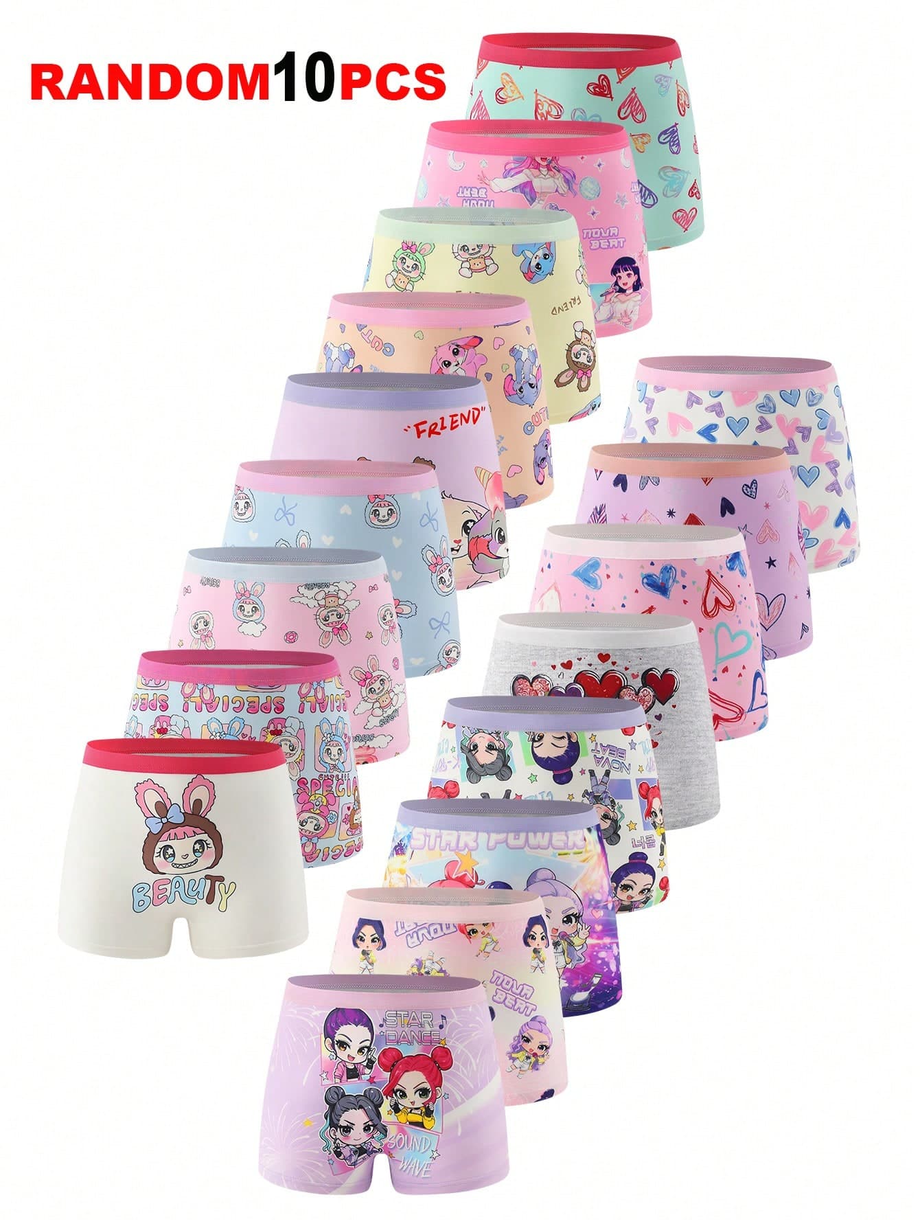 10pcs/Pack Girls' Comfortable Cartoon Rabbit & Heart Print Briefs Underwear