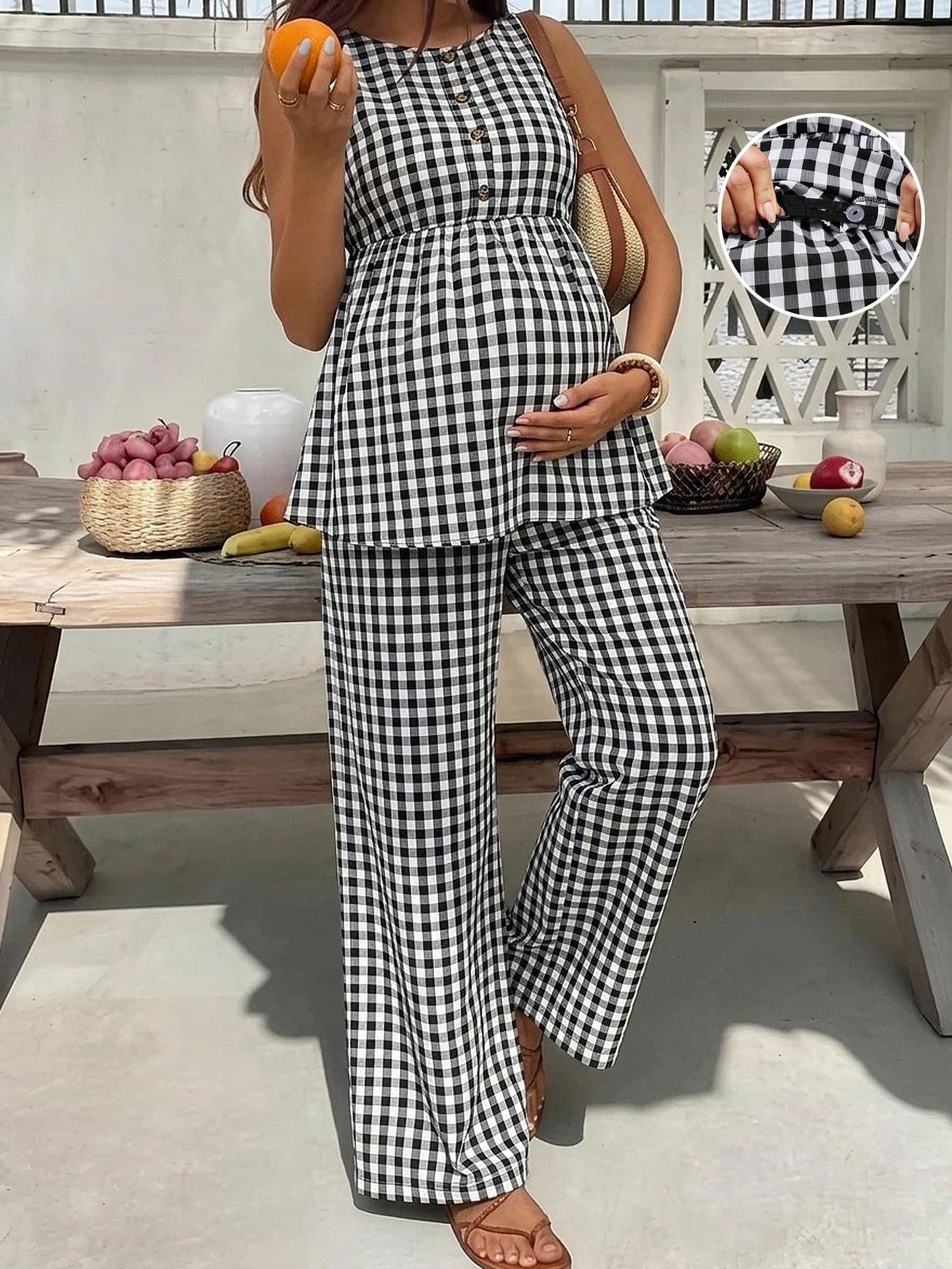 SHEIN 2pcs Maternity Casual Plaid Print Tank Top & Pants Set