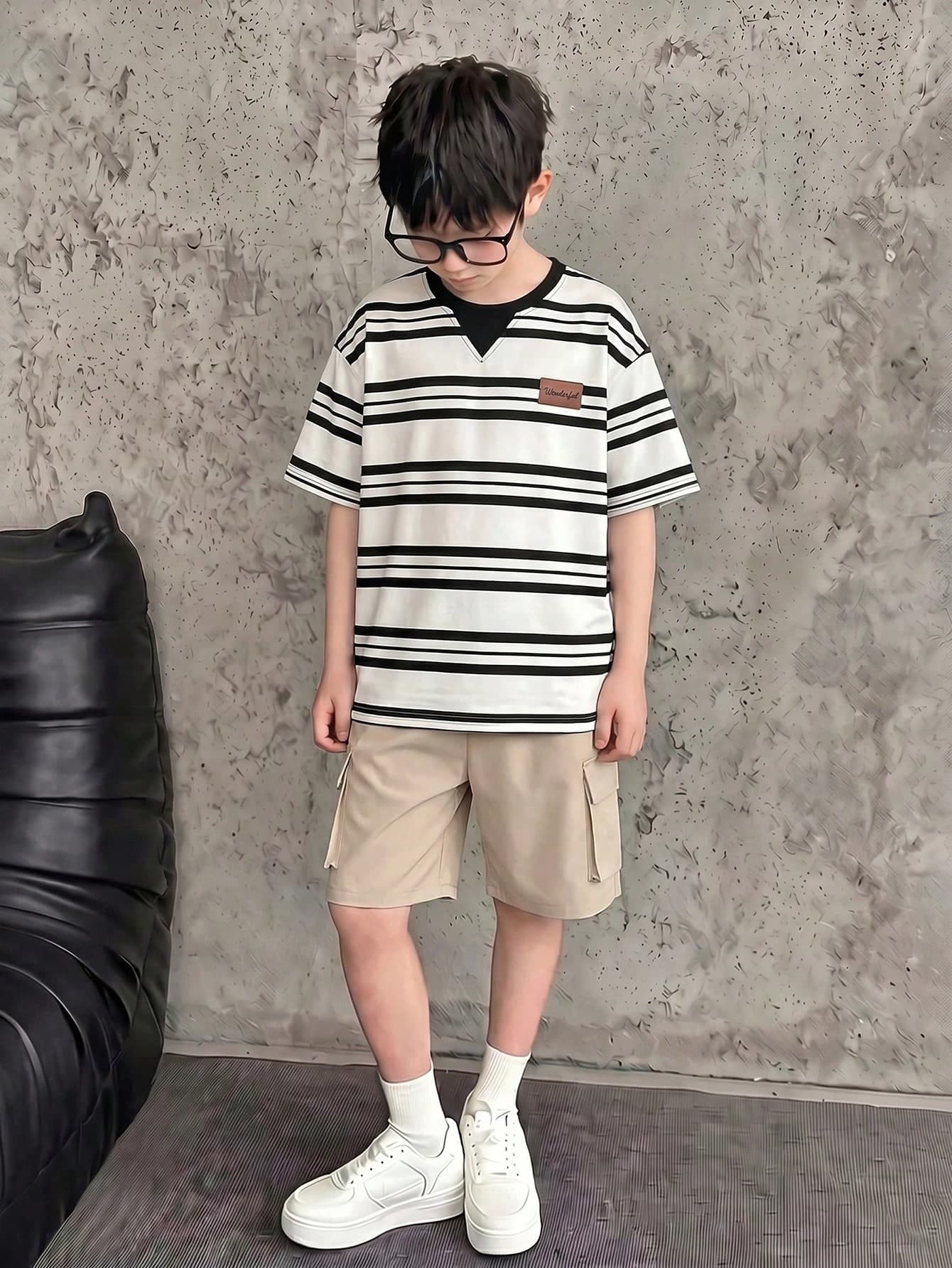 Vacaura 2pcs/Set Teenage Boys Casual Striped V-Neck T-Shirt & Loose Fit Cargo Shorts,White,Summer,Y2k,Beach,Back-To-School,Versatile Outdoor Streetwear Outfit