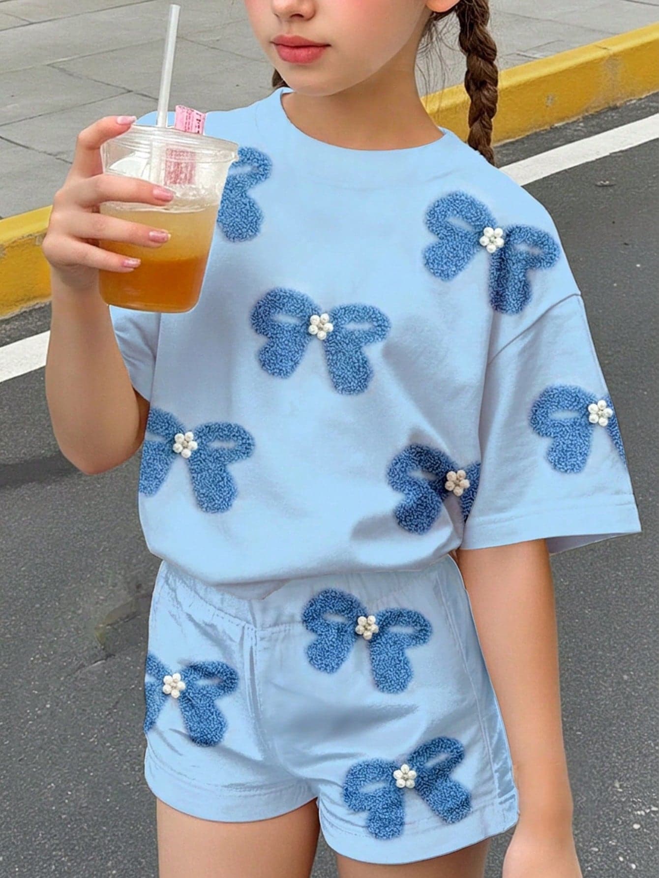 Soft Mist Blue, Sweet Bow Beaded Pattern, Teen Girl Casual Comfortable Round Neck Short Sleeve T-Shirt And Casual Shorts Set 2pcs, Suitable For Spring/Summer Daily, Outings, Homecoming, Spring Vibes, Fall New Style