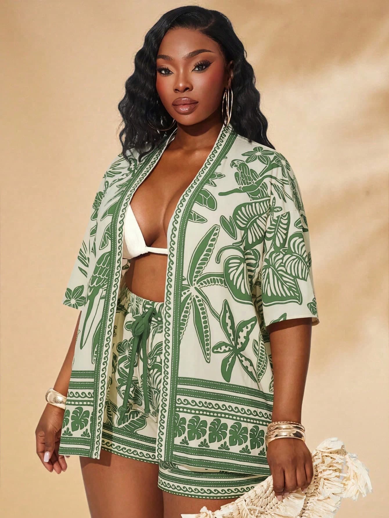 Radiana Plus Size Women's Beige Summer Boho Holiday Vacation Printed Beach Set,Short Sleeve Shirt & Elastic Waist Shorts 2PC-SET,Elegant Western Wear